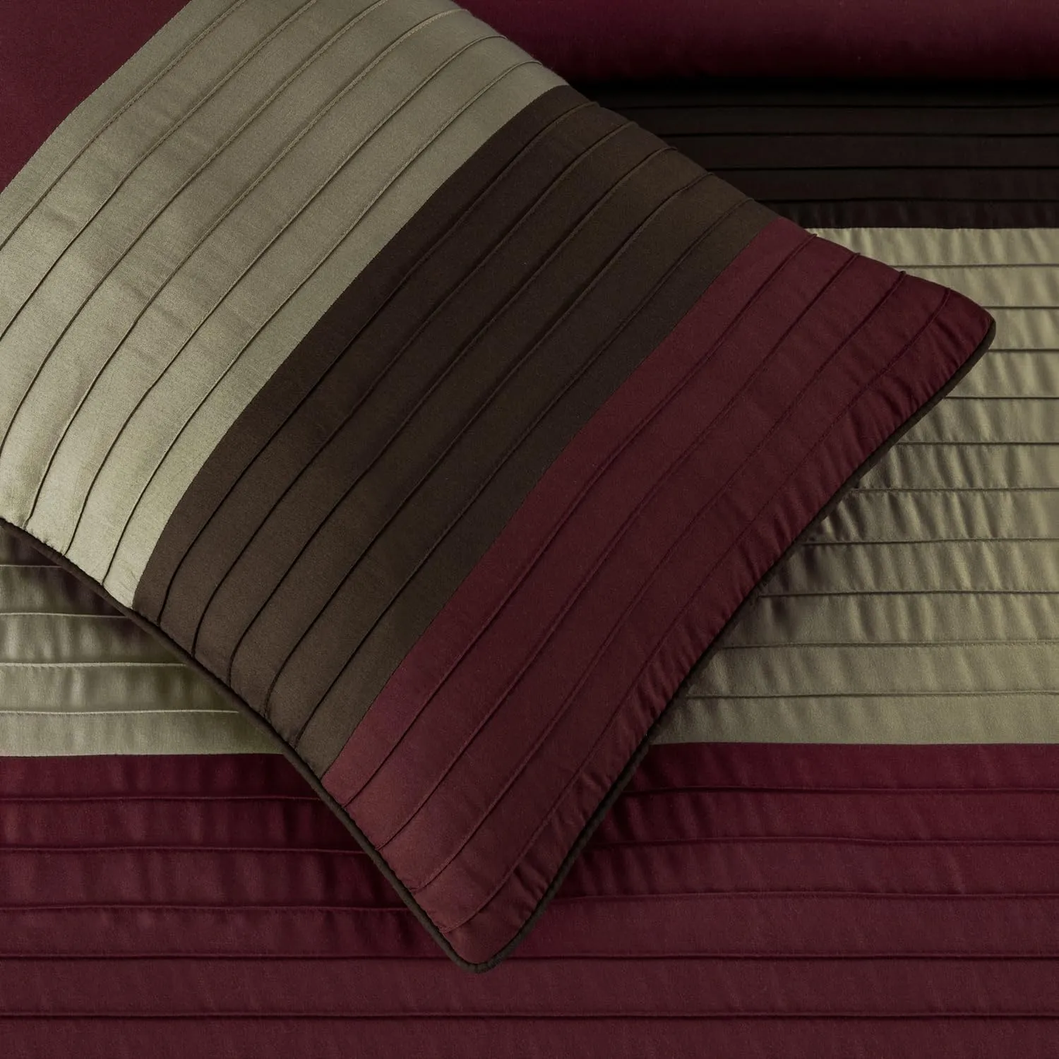 Chezmoi Collection Briar 7-Piece Queen Bed in a Bag - All Season Lightweight Microfiber Comforter Set - Includes Sheets & Shams - Burgundy/Coffee/Brown Pleated Stripe Design