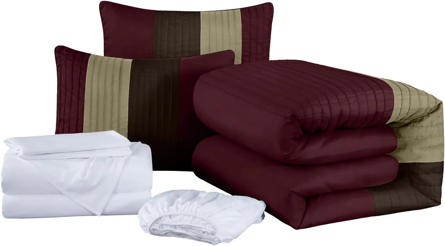 Chezmoi Collection Briar 7-Piece Queen Bed in a Bag - All Season Lightweight Microfiber Comforter Set - Includes Sheets & Shams - Burgundy/Coffee/Brown Pleated Stripe Design