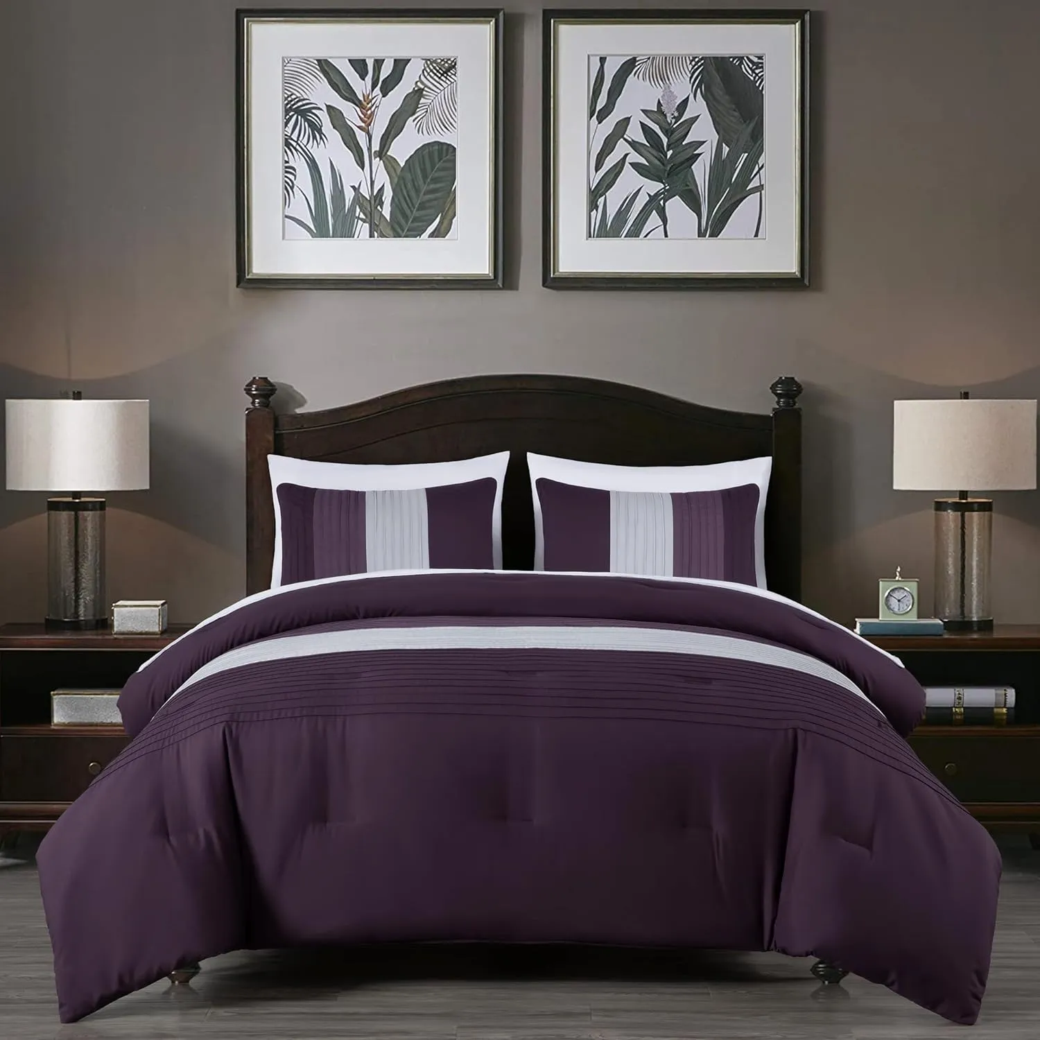 Chezmoi Collection Briar 7-Piece Queen Bed in a Bag - All Season Lightweight Microfiber Comforter Set - Includes Sheets & Shams - Purple/Lavender/Gray Pleated Stripe Design