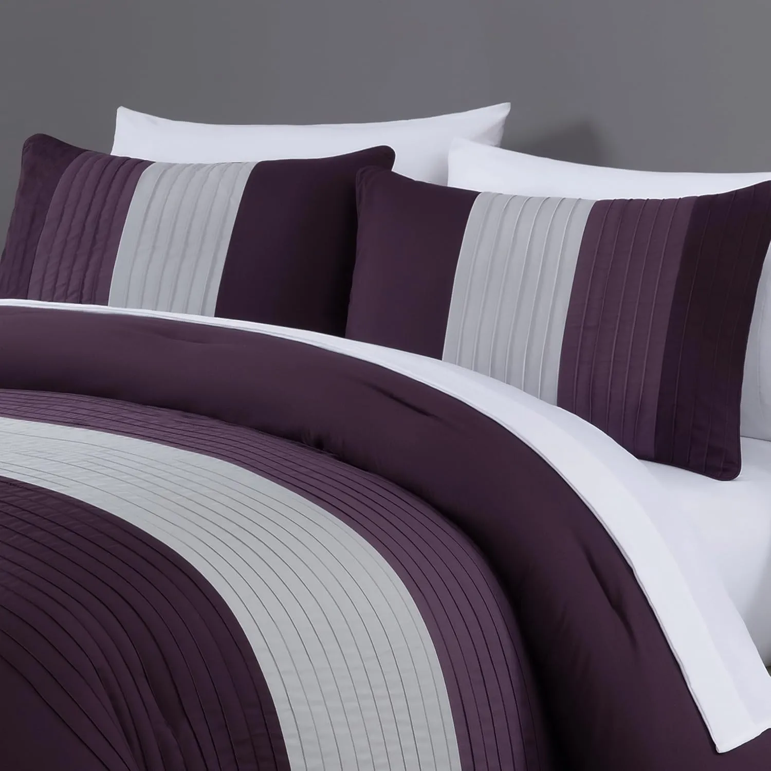 Chezmoi Collection Briar 7-Piece Queen Bed in a Bag - All Season Lightweight Microfiber Comforter Set - Includes Sheets & Shams - Purple/Lavender/Gray Pleated Stripe Design