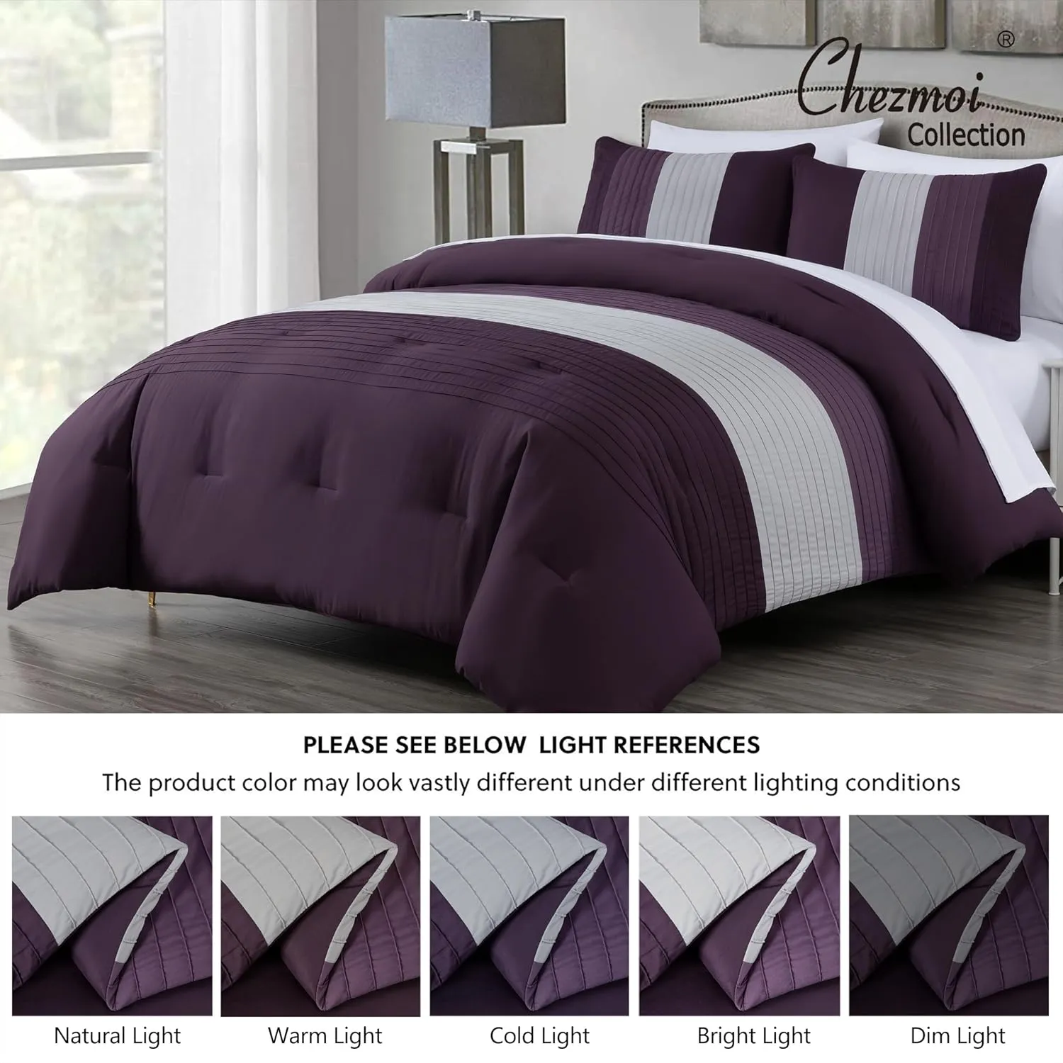 Chezmoi Collection Briar 7-Piece Queen Bed in a Bag - All Season Lightweight Microfiber Comforter Set - Includes Sheets & Shams - Purple/Lavender/Gray Pleated Stripe Design