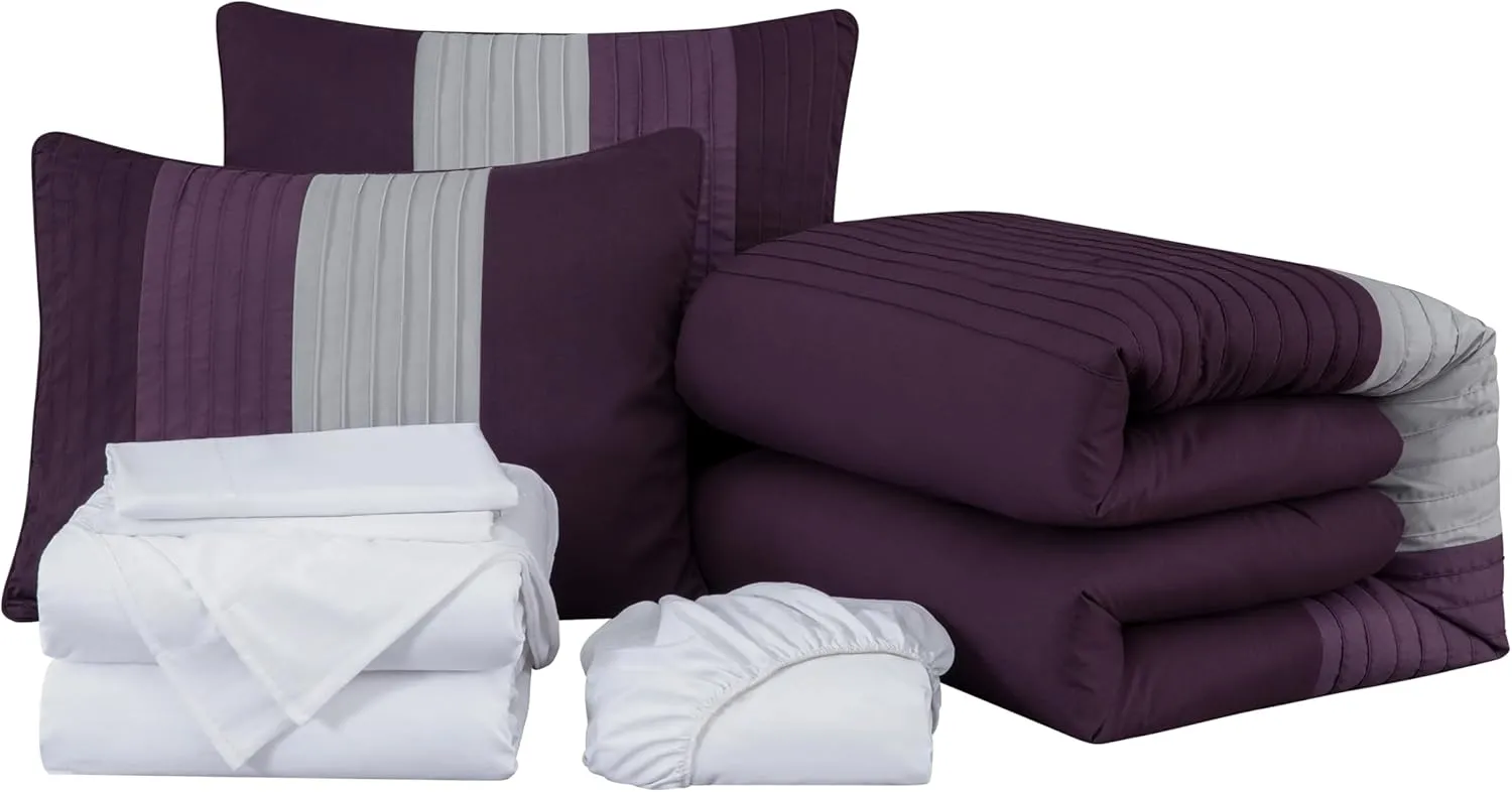 Chezmoi Collection Briar 7-Piece Queen Bed in a Bag - All Season Lightweight Microfiber Comforter Set - Includes Sheets & Shams - Purple/Lavender/Gray Pleated Stripe Design