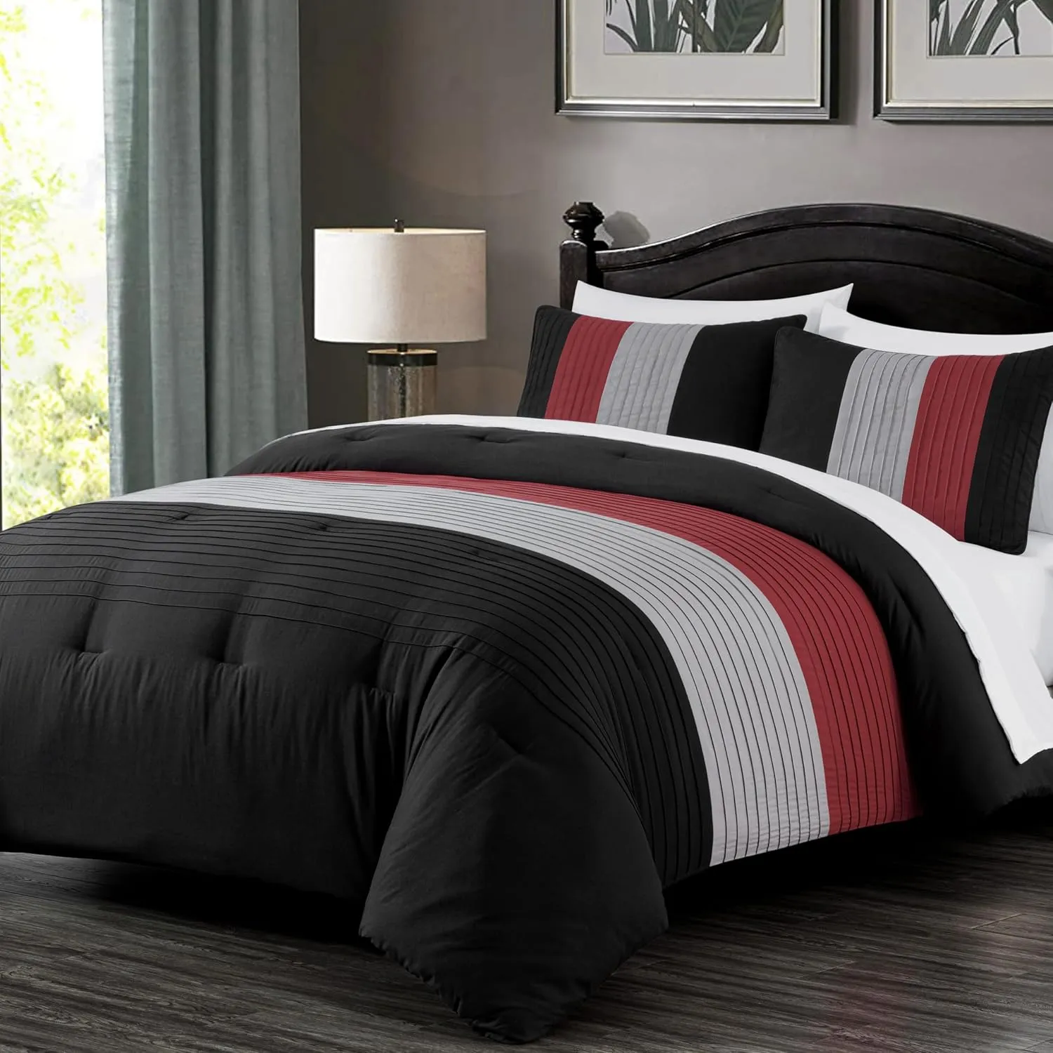 Chezmoi Collection Briar 7-Piece Queen Bed in a Bag - All Season Lightweight Microfiber Comforter Set - Includes Sheets & Shams - Red/Black/Gray Pleated Stripe Design