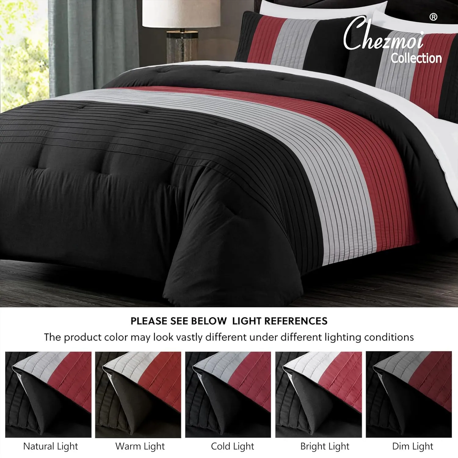 Chezmoi Collection Briar 7-Piece Queen Bed in a Bag - All Season Lightweight Microfiber Comforter Set - Includes Sheets & Shams - Red/Black/Gray Pleated Stripe Design