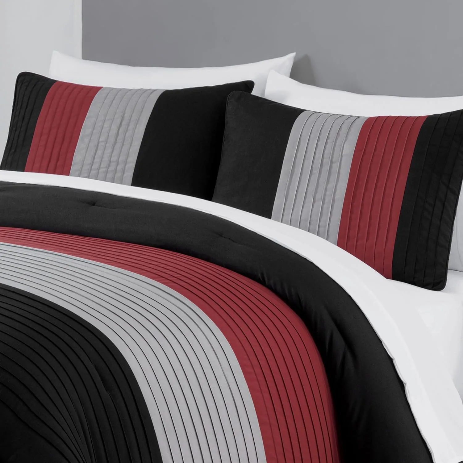 Chezmoi Collection Briar 7-Piece Queen Bed in a Bag - All Season Lightweight Microfiber Comforter Set - Includes Sheets & Shams - Red/Black/Gray Pleated Stripe Design