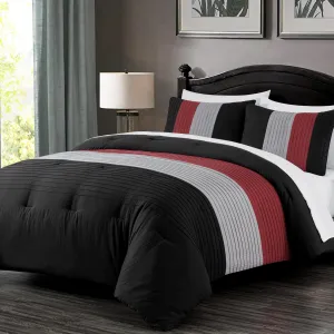 Chezmoi Collection Briar 7-Piece Queen Bed in a Bag - All Season Lightweight Microfiber Comforter Set - Includes Sheets & Shams - Red/Black/Gray Pleated Stripe Design