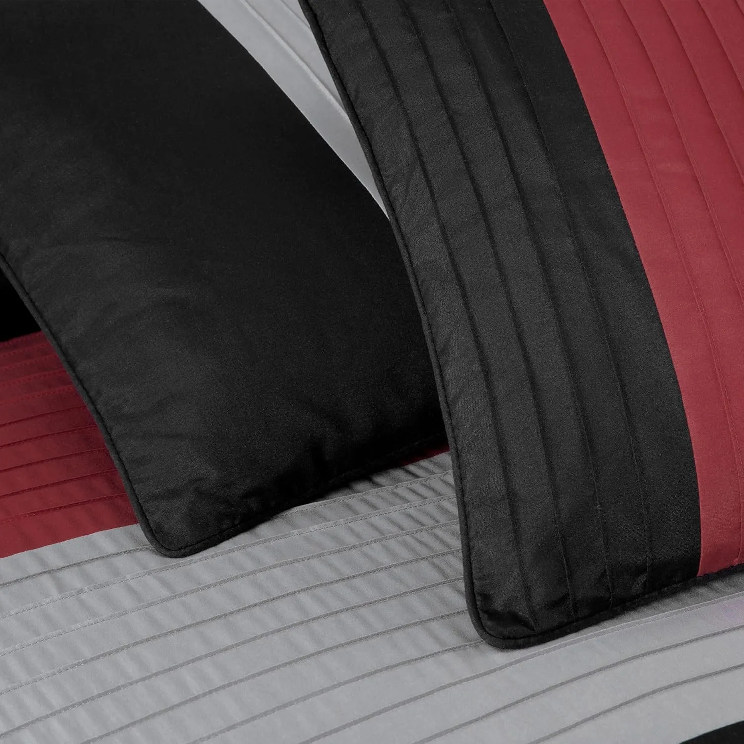 Chezmoi Collection Briar 7-Piece Queen Bed in a Bag - All Season Lightweight Microfiber Comforter Set - Includes Sheets & Shams - Red/Black/Gray Pleated Stripe Design