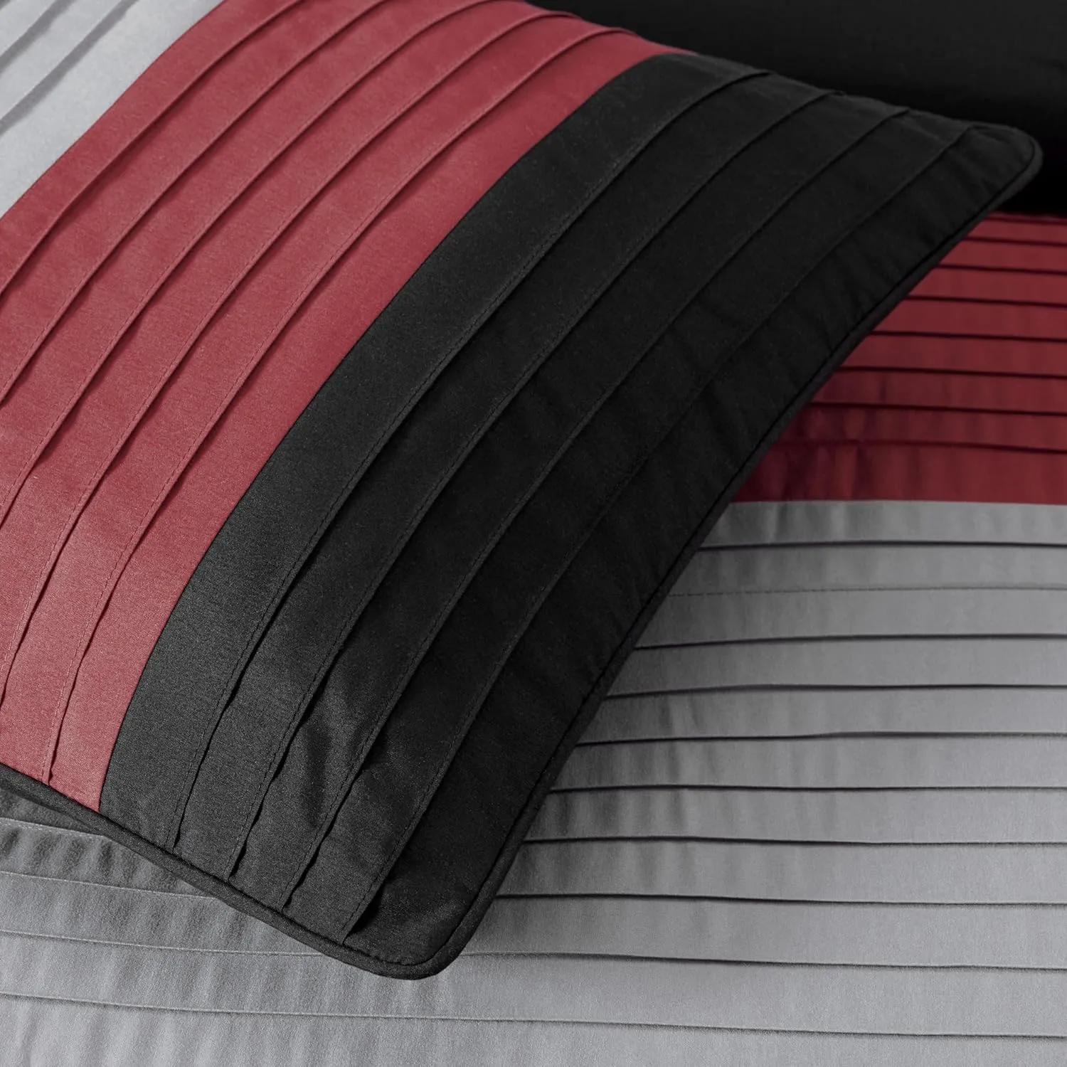 Chezmoi Collection Briar 7-Piece Queen Bed in a Bag - All Season Lightweight Microfiber Comforter Set - Includes Sheets & Shams - Red/Black/Gray Pleated Stripe Design