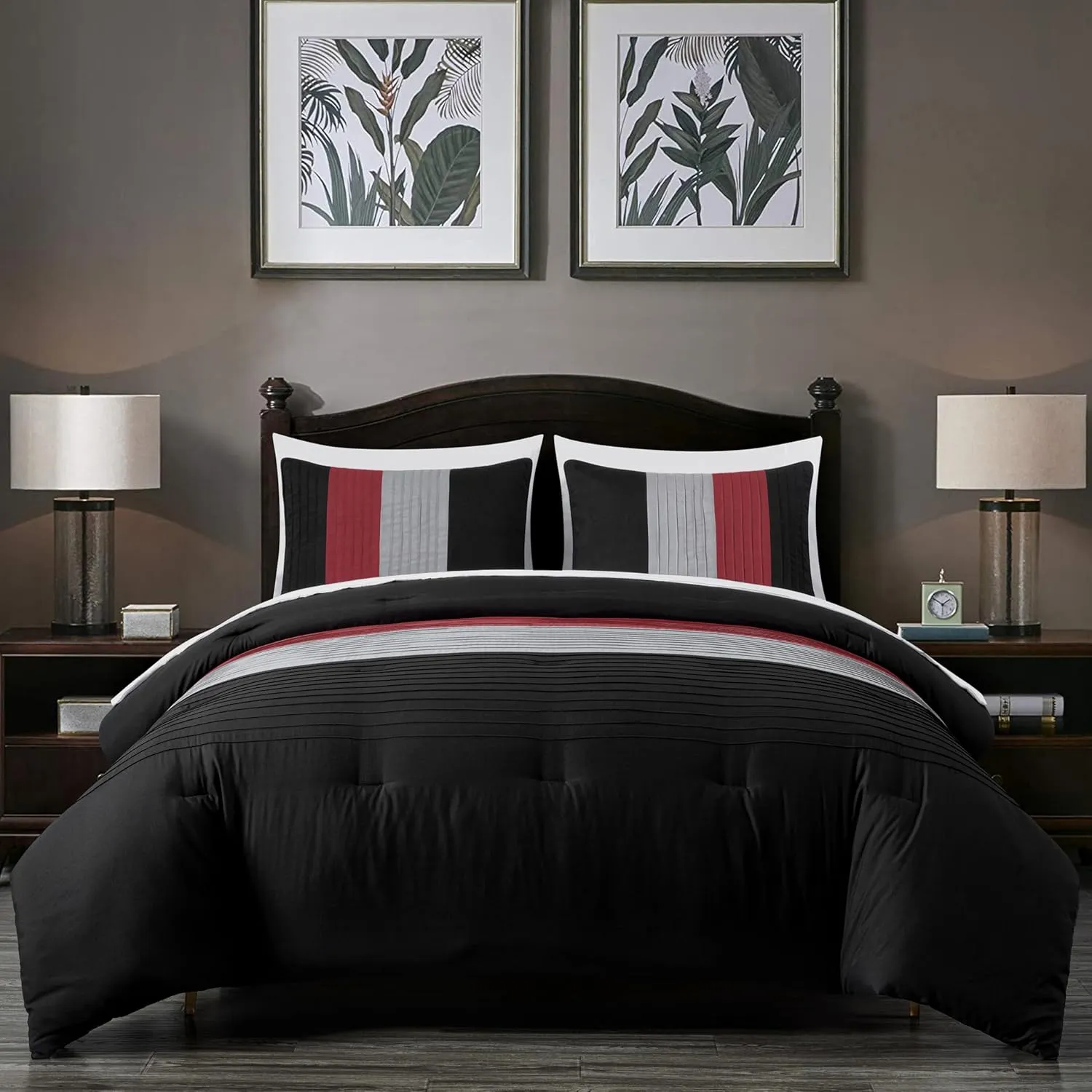 Chezmoi Collection Briar 7-Piece Queen Bed in a Bag - All Season Lightweight Microfiber Comforter Set - Includes Sheets & Shams - Red/Black/Gray Pleated Stripe Design