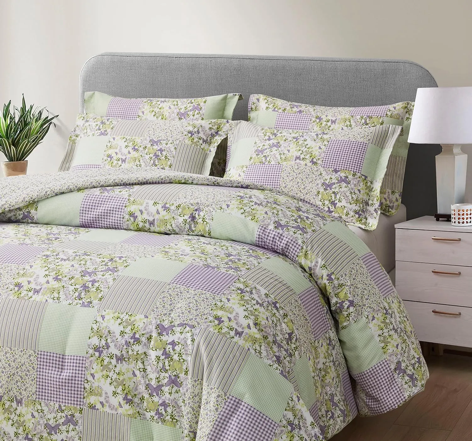 Chezmoi Collection Daisy 3-Piece Printed Patchwork Comforter Set - Purple Butterfly Botanical Candy Stripe Checkered - Microfiber Lightweight Reversible Bedding, Full Size