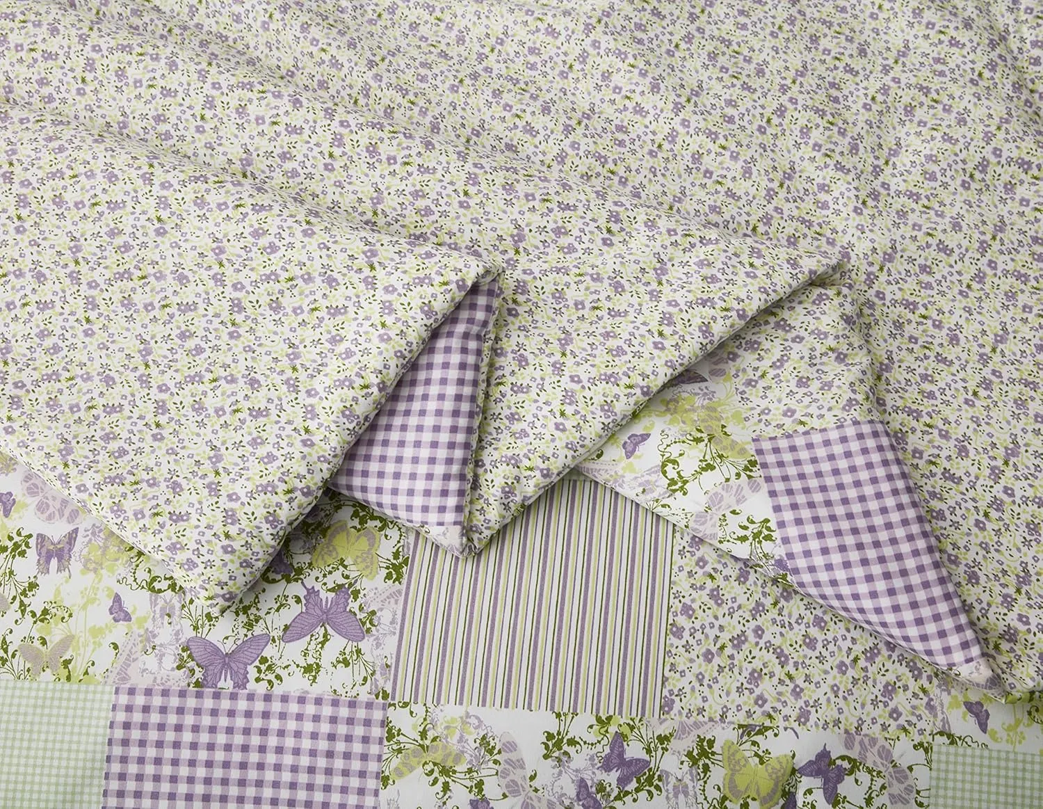 Chezmoi Collection Daisy 3-Piece Printed Patchwork Comforter Set - Purple Butterfly Botanical Candy Stripe Checkered - Microfiber Lightweight Reversible Bedding, Full Size