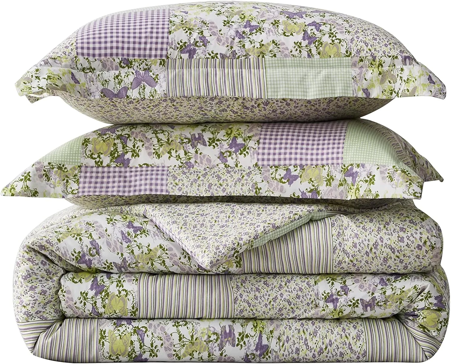 Chezmoi Collection Daisy 3-Piece Printed Patchwork Comforter Set - Purple Butterfly Botanical Candy Stripe Checkered - Microfiber Lightweight Reversible Bedding, Full Size