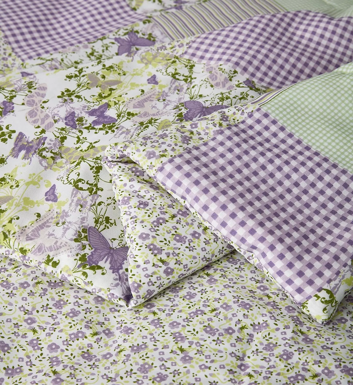 Chezmoi Collection Daisy 3-Piece Printed Patchwork Comforter Set - Purple Butterfly Botanical Candy Stripe Checkered - Microfiber Lightweight Reversible Bedding, Full Size