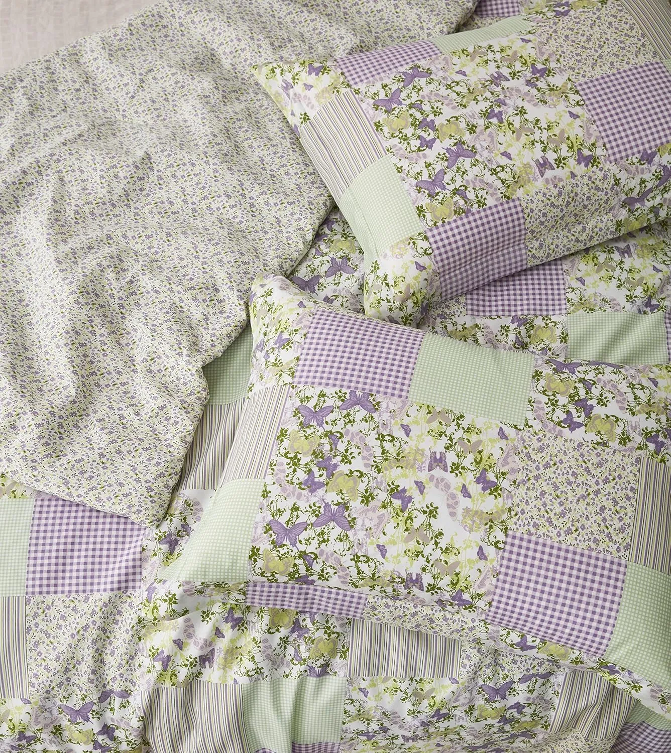 Chezmoi Collection Daisy 3-Piece Printed Patchwork Comforter Set - Purple Butterfly Botanical Candy Stripe Checkered - Microfiber Lightweight Reversible Bedding, Full Size