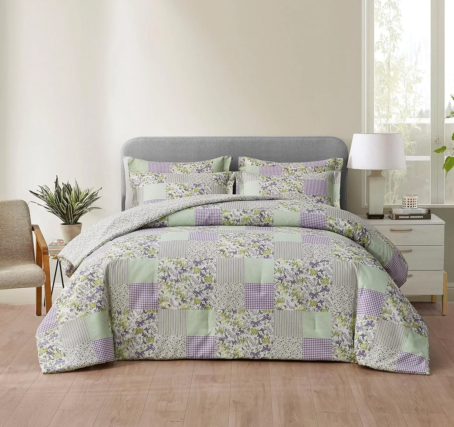 Chezmoi Collection Daisy 3-Piece Printed Patchwork Comforter Set - Purple Butterfly Botanical Candy Stripe Checkered - Microfiber Lightweight Reversible Bedding, Full Size