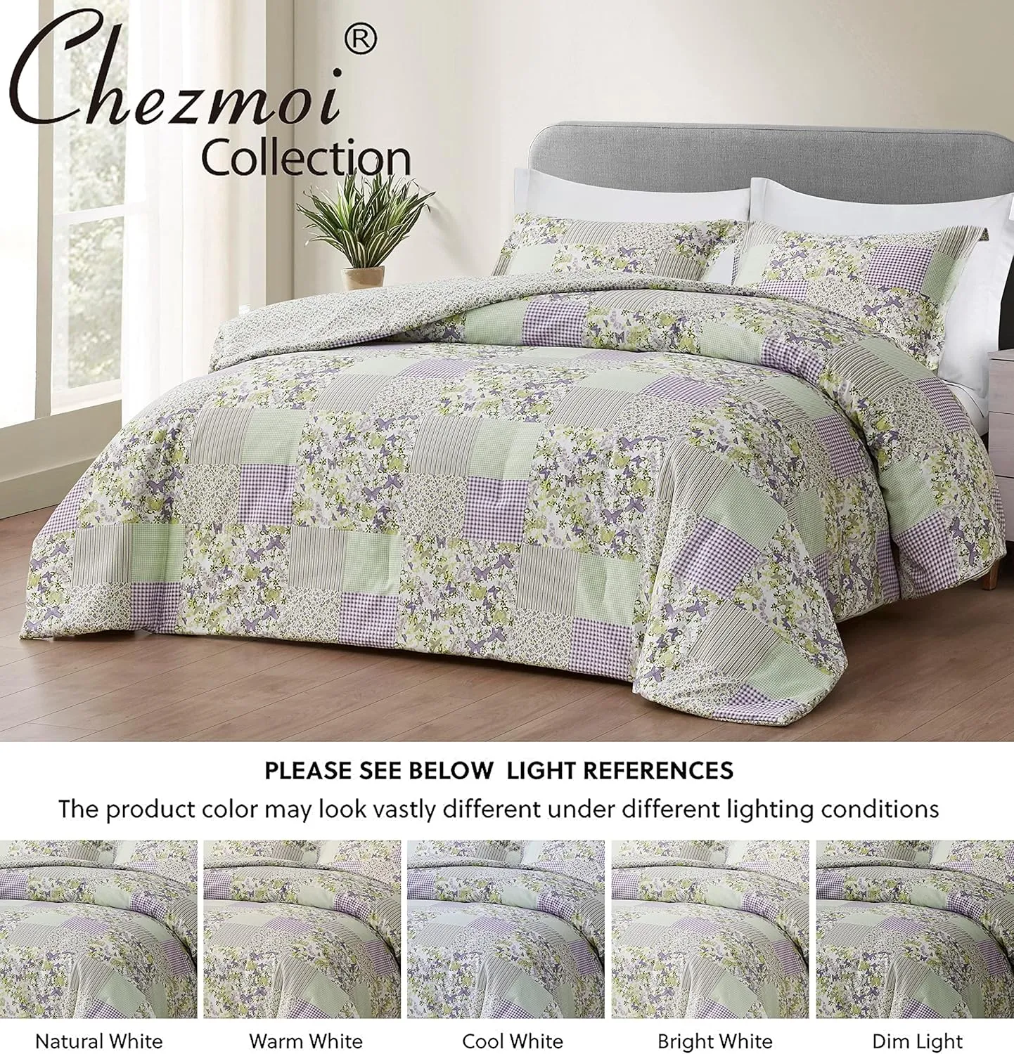 Chezmoi Collection Daisy 3-Piece Printed Patchwork Comforter Set - Purple Butterfly Botanical Candy Stripe Checkered - Microfiber Lightweight Reversible Bedding, Full Size