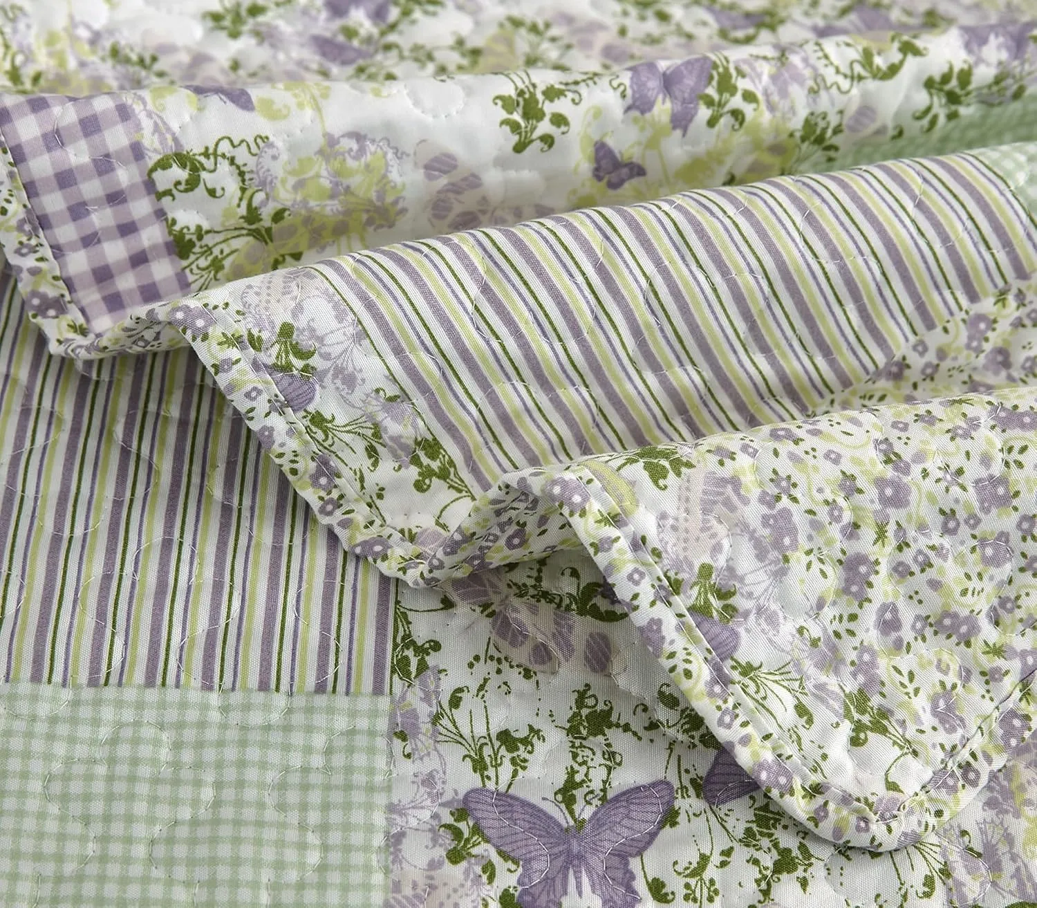 Chezmoi Collection Daisy 3-Piece Printed Patchwork Quilt Set - Purple Butterfly Botanical Candy Stripe Checkered Coverlet - Pre-Washed Microfiber Lightweight Reversible Bedspread, Queen Size