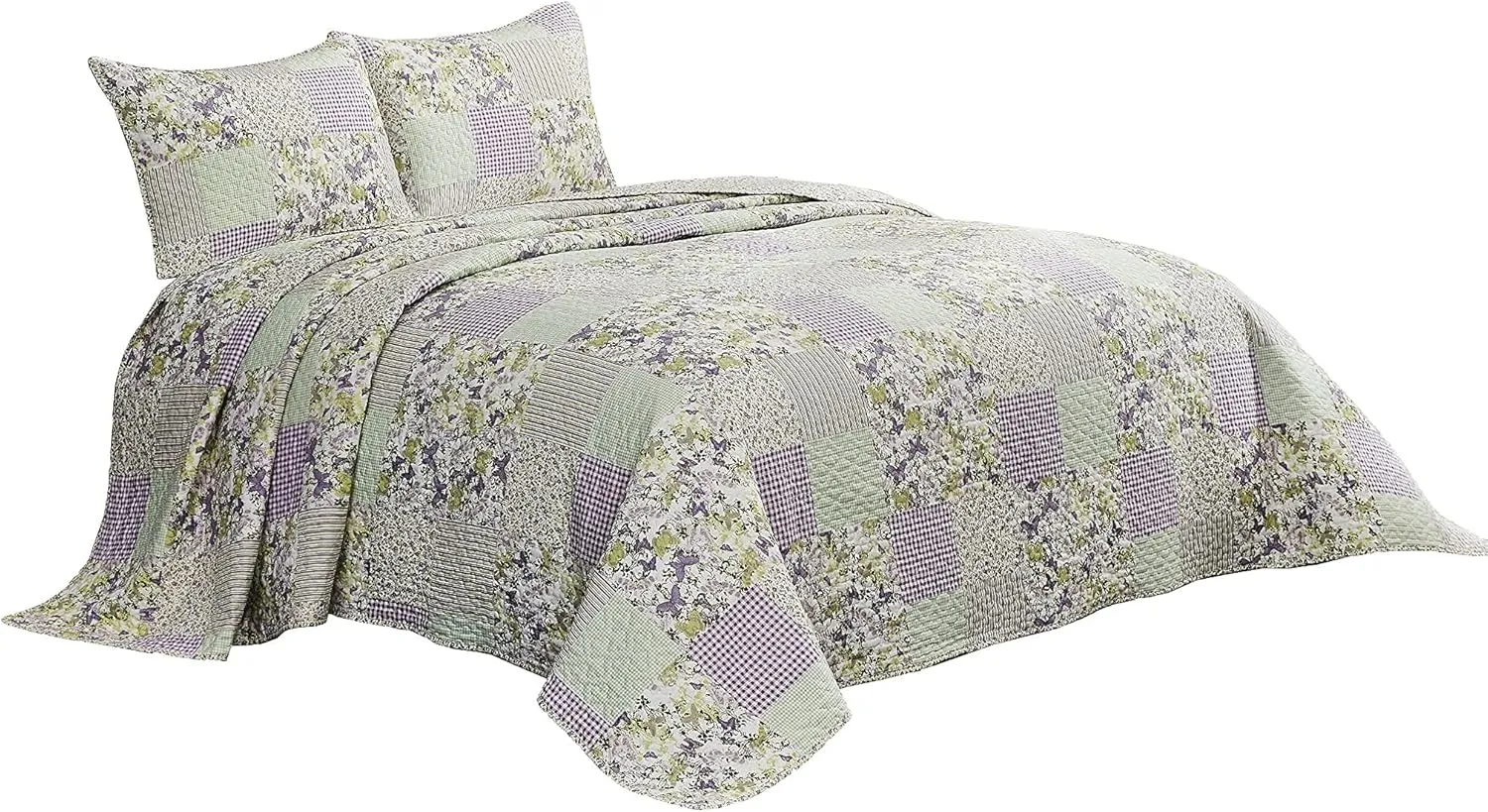 Chezmoi Collection Daisy 3-Piece Printed Patchwork Quilt Set - Purple Butterfly Botanical Candy Stripe Checkered Coverlet - Pre-Washed Microfiber Lightweight Reversible Bedspread, Queen Size