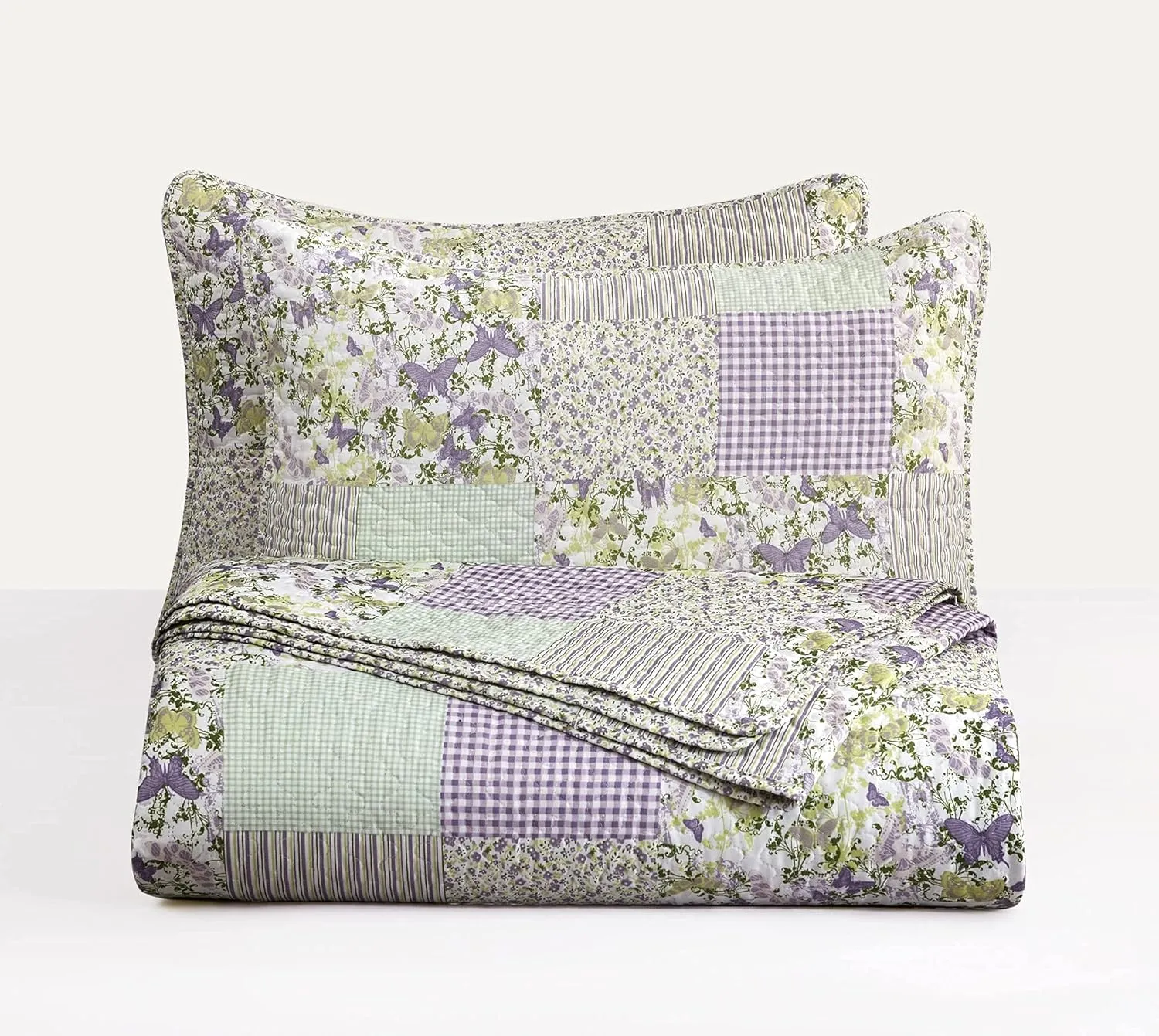 Chezmoi Collection Daisy 3-Piece Printed Patchwork Quilt Set - Purple Butterfly Botanical Candy Stripe Checkered Coverlet - Pre-Washed Microfiber Lightweight Reversible Bedspread, Queen Size