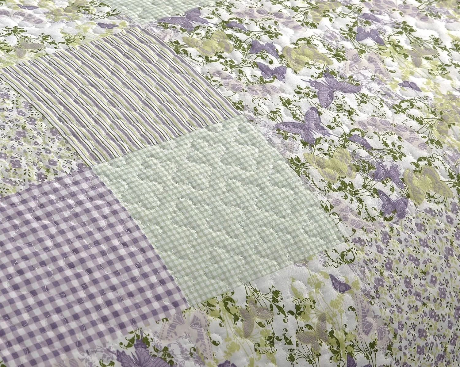 Chezmoi Collection Daisy 3-Piece Printed Patchwork Quilt Set - Purple Butterfly Botanical Candy Stripe Checkered Coverlet - Pre-Washed Microfiber Lightweight Reversible Bedspread, Queen Size