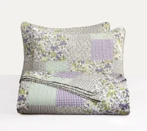 Chezmoi Collection Daisy 3-Piece Printed Patchwork Quilt Set - Purple Butterfly Botanical Candy Stripe Checkered Coverlet - Pre-Washed Microfiber Lightweight Reversible Bedspread, Queen Size