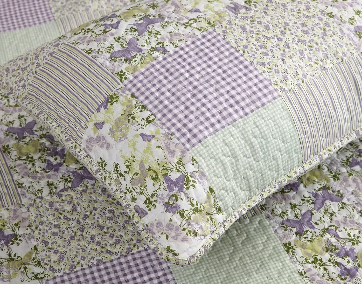 Chezmoi Collection Daisy 3-Piece Printed Patchwork Quilt Set - Purple Butterfly Botanical Candy Stripe Checkered Coverlet - Pre-Washed Microfiber Lightweight Reversible Bedspread, Queen Size