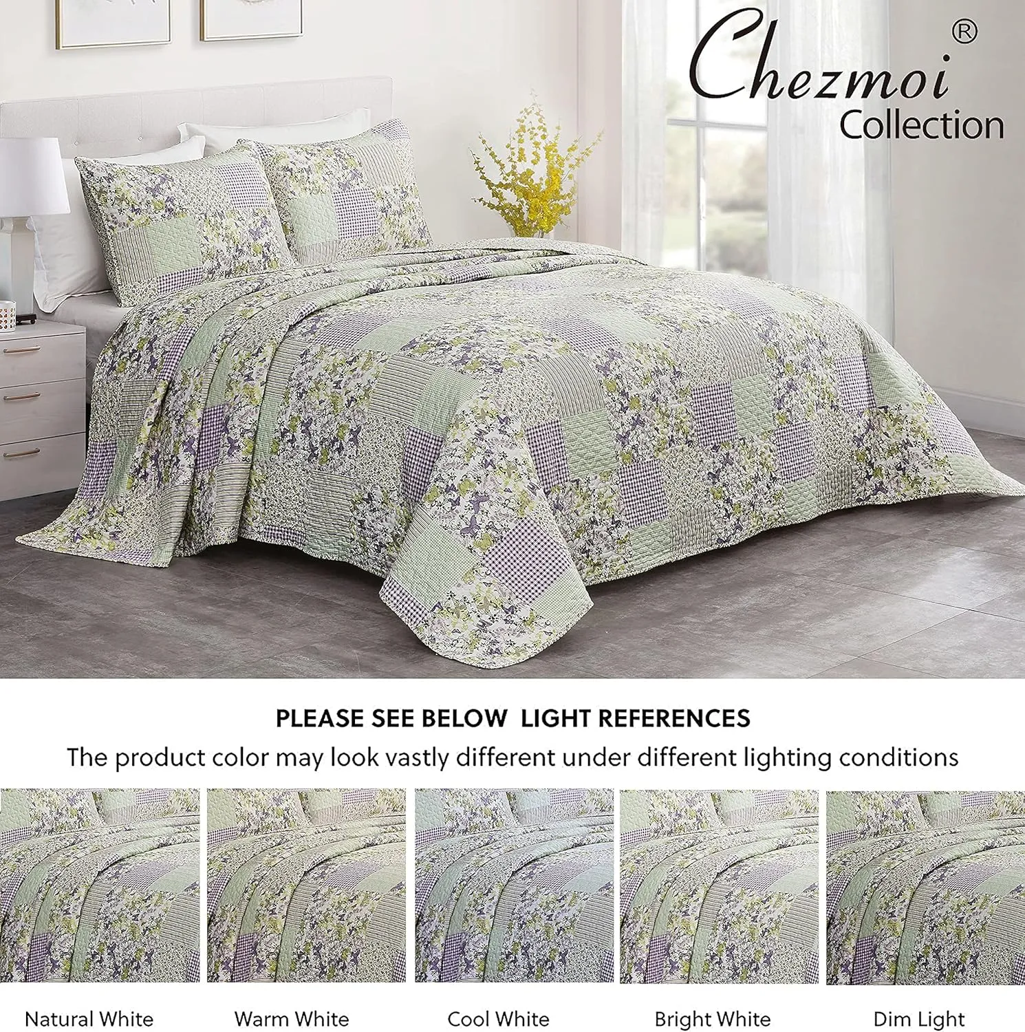 Chezmoi Collection Daisy 3-Piece Printed Patchwork Quilt Set - Purple Butterfly Botanical Candy Stripe Checkered Coverlet - Pre-Washed Microfiber Lightweight Reversible Bedspread, Queen Size