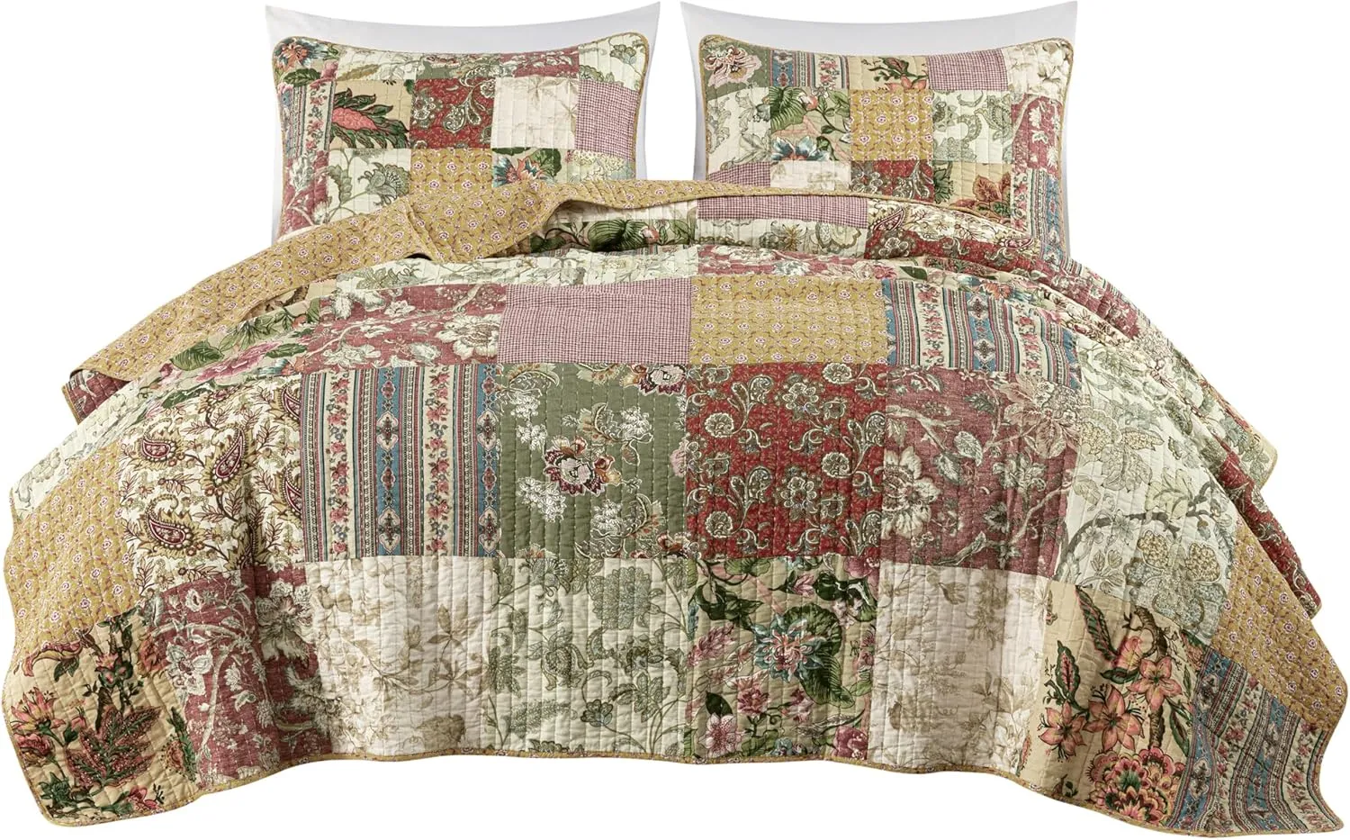 Chezmoi Collection Delaney 3-Piece Floral Patchwork Pre-Washed 100% Cotton Quilt Set, King