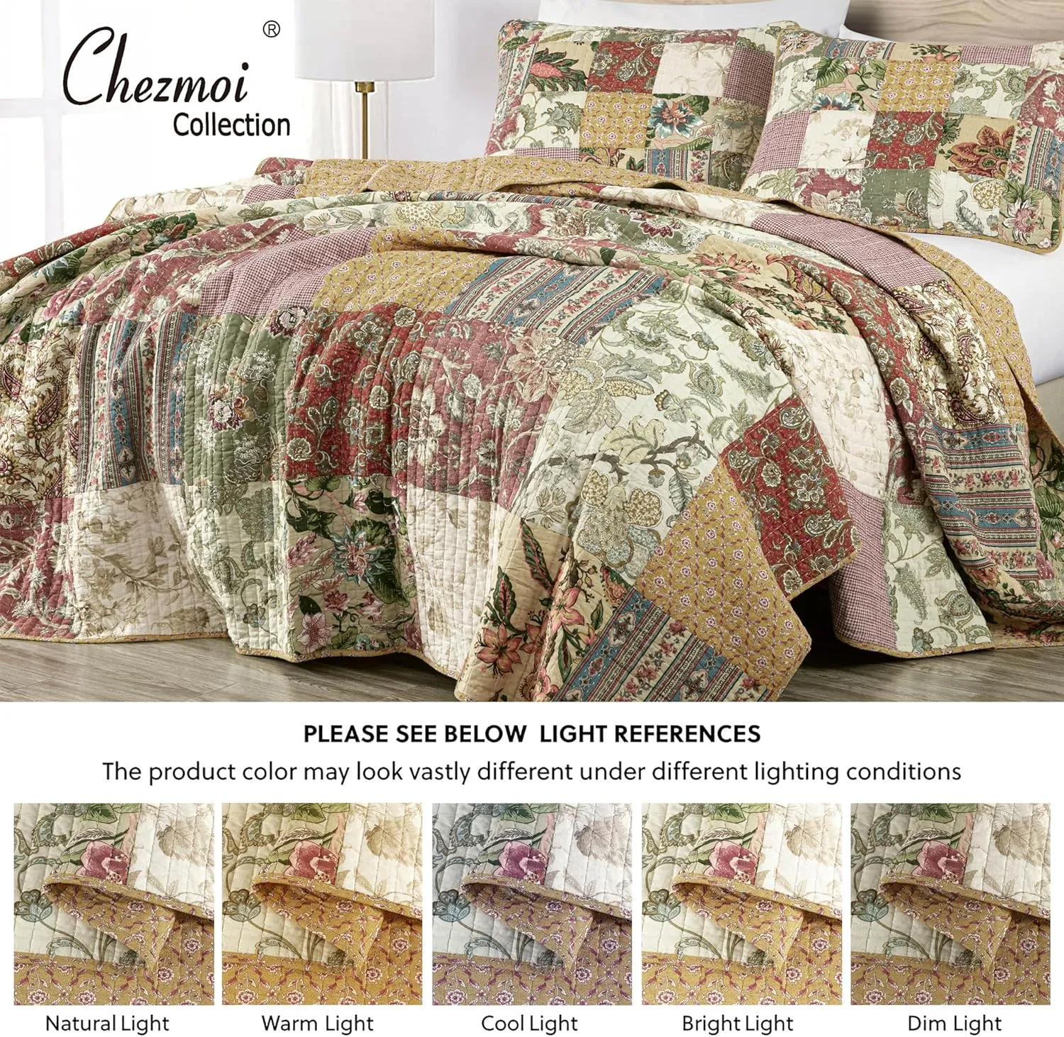 Chezmoi Collection Delaney 3-Piece Floral Patchwork Pre-Washed 100% Cotton Quilt Set, King