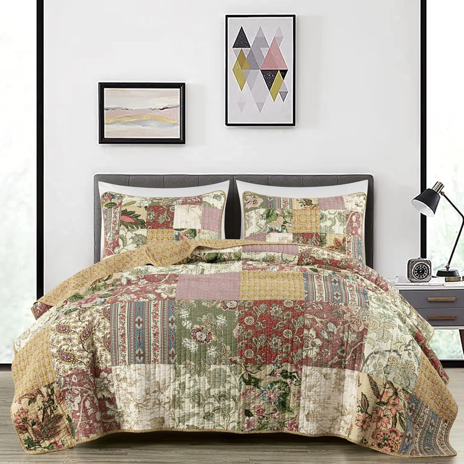 Chezmoi Collection Delaney 3-Piece Floral Patchwork Pre-Washed 100% Cotton Quilt Set, King