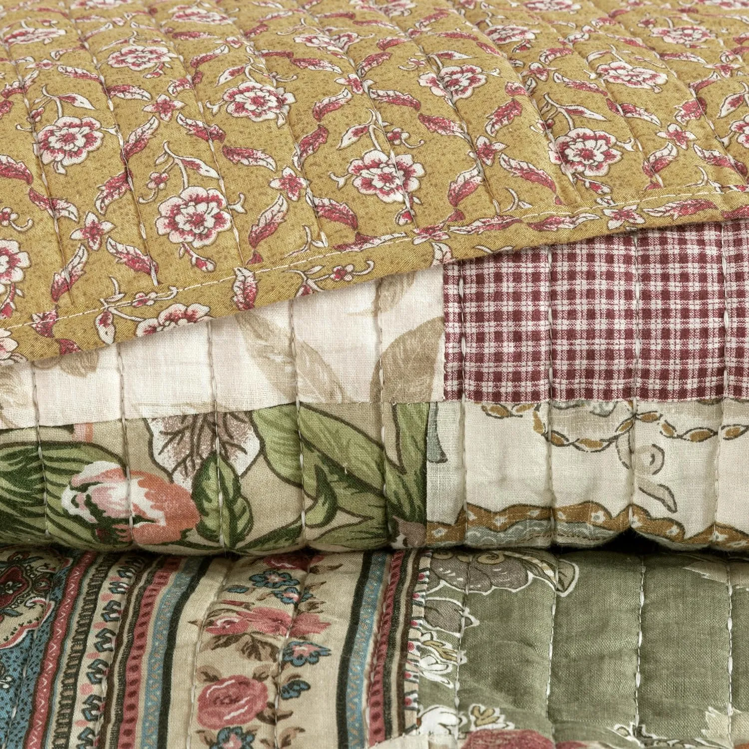 Chezmoi Collection Delaney 3-Piece Floral Patchwork Pre-Washed 100% Cotton Quilt Set, King