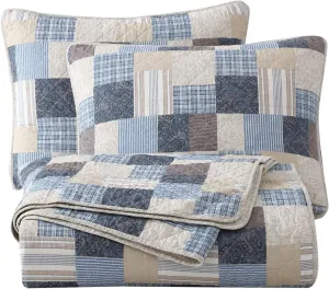 Chezmoi Collection Douglas 3-Piece Printed Patchwork Cotton Quilt Set - Floral Plaid Striped Multicolor - Stone Washed Lightweight Bedspread, Queen Size