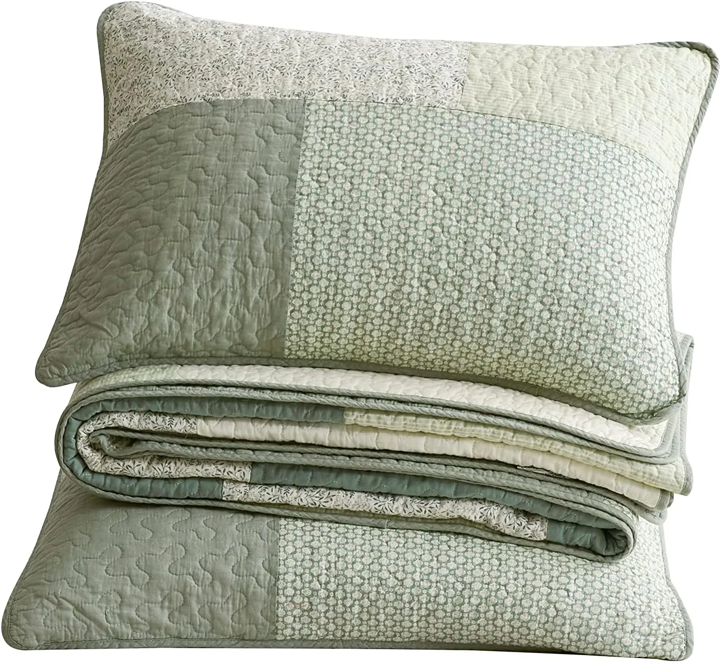 Chezmoi Collection Elm 3-Piece Chic Patchwork Quilt Set - Green Floral Striped Coverlet - Pre-Washed Cotton Lightweight Reversible Bedspread, King Size