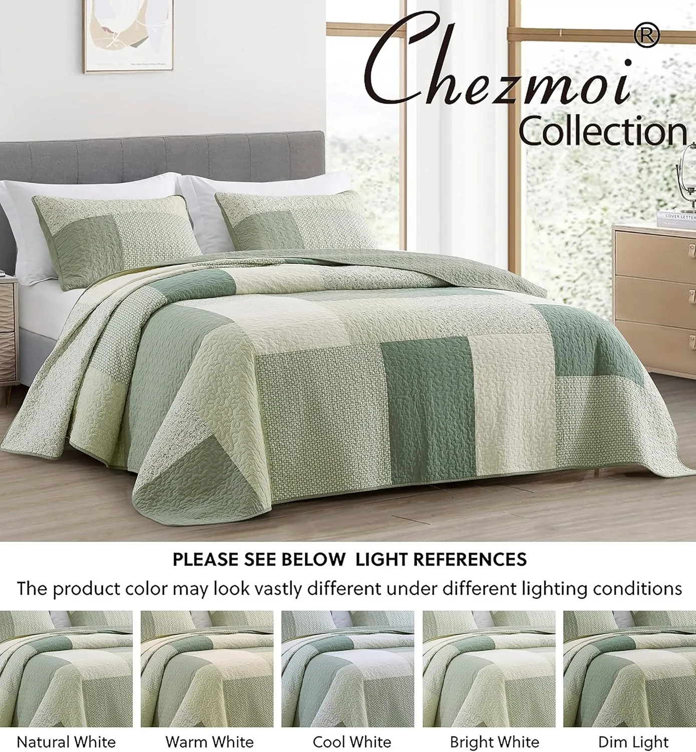 Chezmoi Collection Elm 3-Piece Chic Patchwork Quilt Set - Green Floral Striped Coverlet - Pre-Washed Cotton Lightweight Reversible Bedspread, King Size