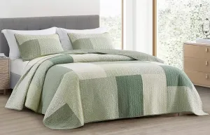 Chezmoi Collection Elm 3-Piece Chic Patchwork Quilt Set - Green Floral Striped Coverlet - Pre-Washed Cotton Lightweight Reversible Bedspread, King Size