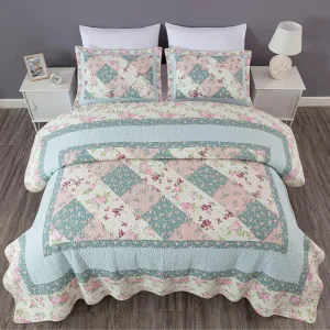 Chezmoi Collection Gayle 3-Piece Cotton Patchwork Quilt Set - Vintage Washed Floral, Soft Breathable Reversible Quilt for All Seasons. King Size