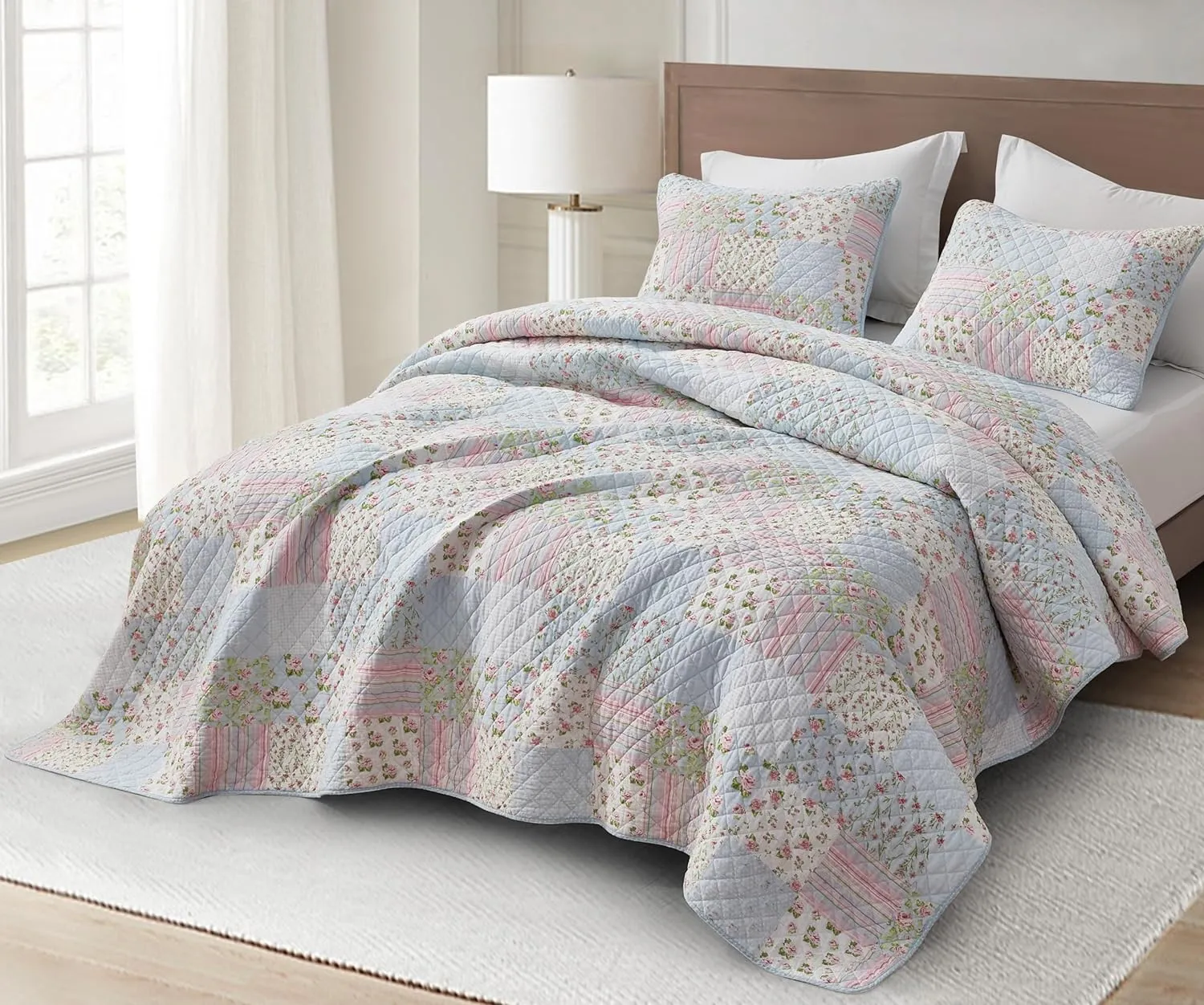 Chezmoi Collection Holly 2-Piece Printed Patchwork Cotton Quilt Set - Flower Floral Candy Stripe Polka Dots - Stone Washed Lightweight Bedspread, Twin Size