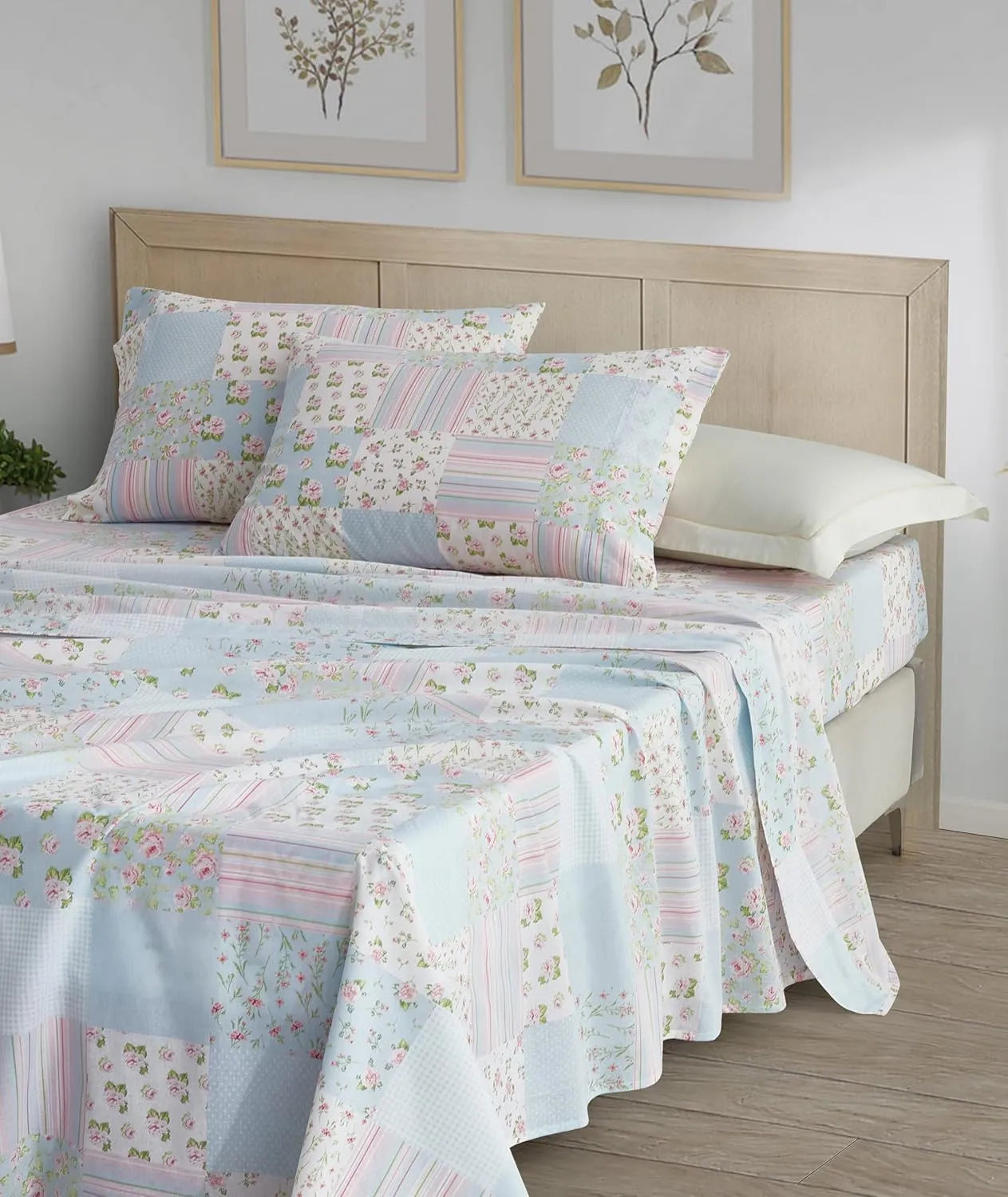 Chezmoi Collection Holly 3-Piece Floral Patchwork Cotton Sheet Set Twin - Flower Floral Candy Stripe Polka Dots Patchwork Printed 100% Cotton Bed Sheets