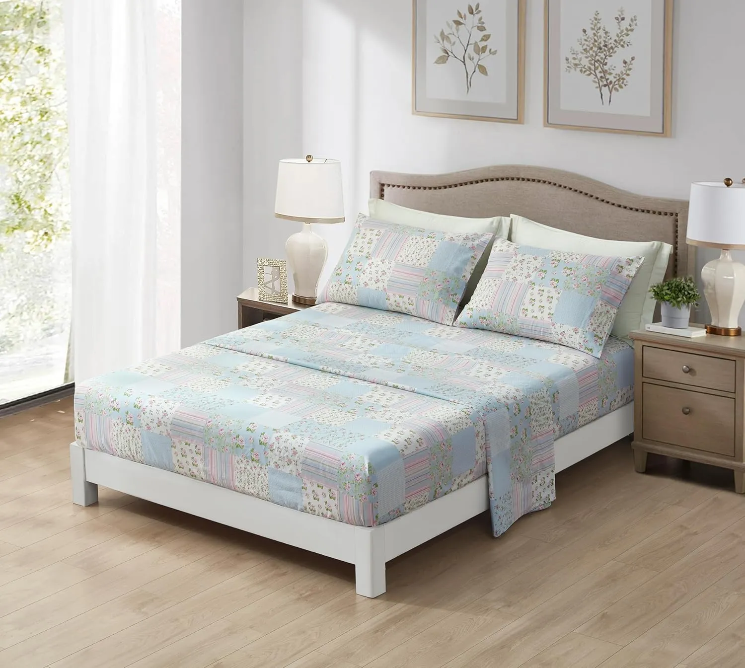 Chezmoi Collection Holly 3-Piece Floral Patchwork Cotton Sheet Set Twin - Flower Floral Candy Stripe Polka Dots Patchwork Printed 100% Cotton Bed Sheets