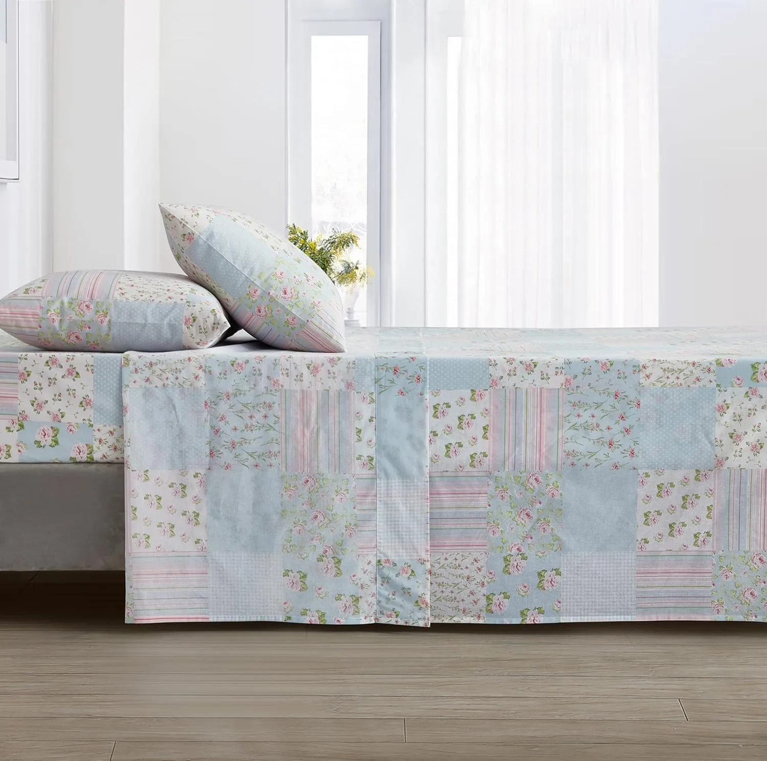 Chezmoi Collection Holly 3-Piece Floral Patchwork Cotton Sheet Set Twin - Flower Floral Candy Stripe Polka Dots Patchwork Printed 100% Cotton Bed Sheets