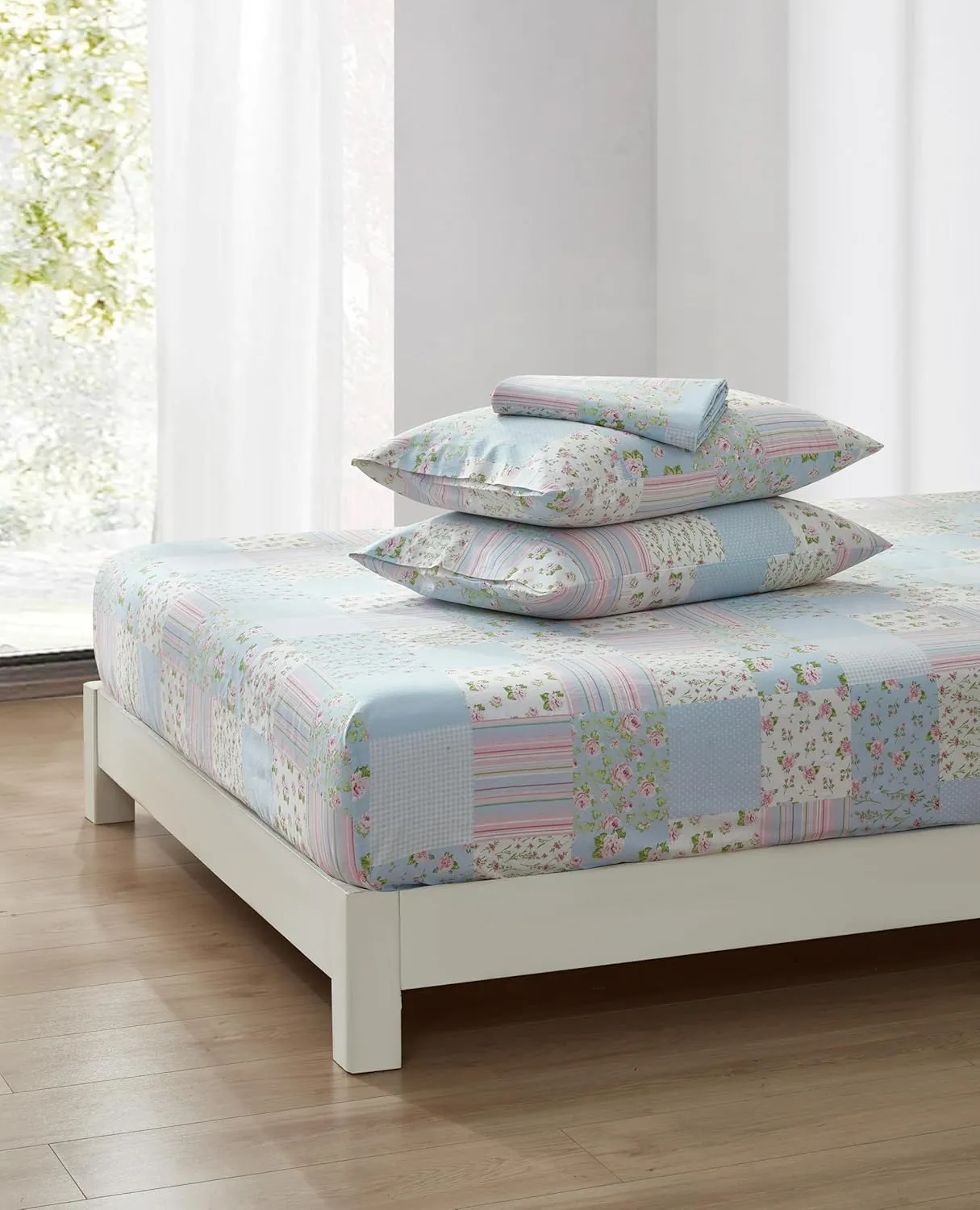 Chezmoi Collection Holly 3-Piece Floral Patchwork Cotton Sheet Set Twin - Flower Floral Candy Stripe Polka Dots Patchwork Printed 100% Cotton Bed Sheets