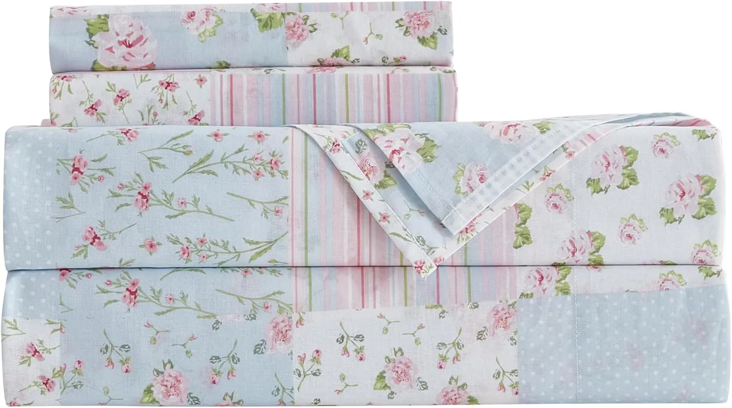 Chezmoi Collection Holly 3-Piece Floral Patchwork Cotton Sheet Set Twin - Flower Floral Candy Stripe Polka Dots Patchwork Printed 100% Cotton Bed Sheets