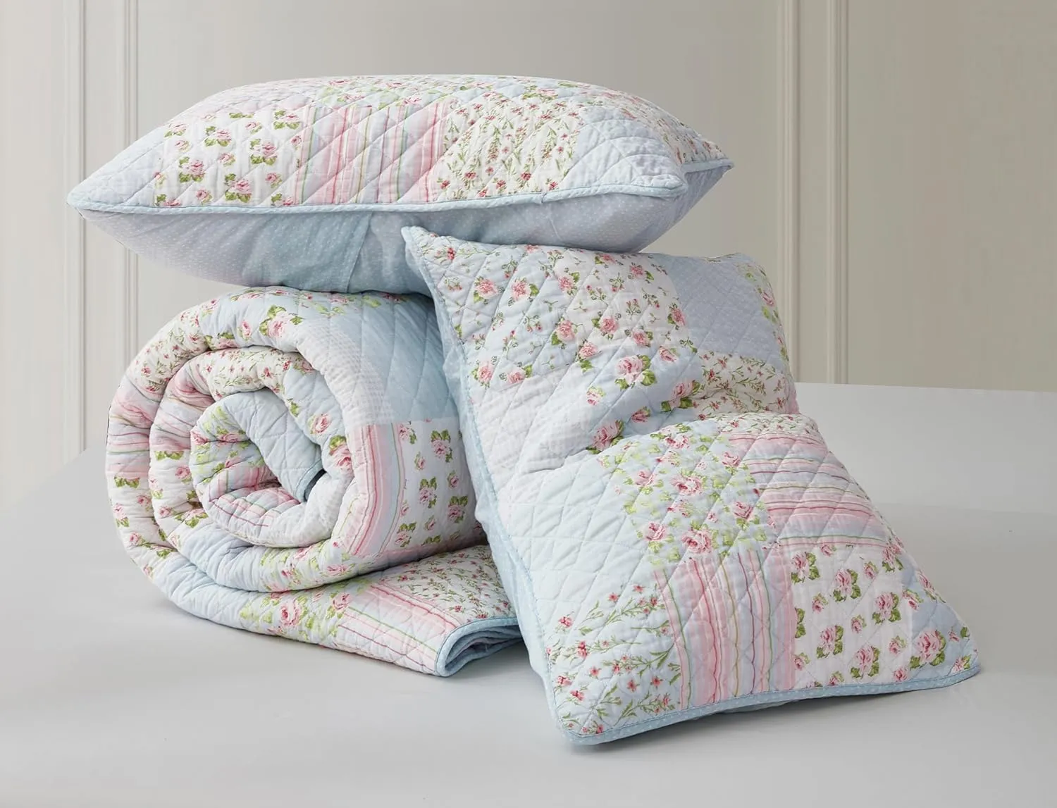 Chezmoi Collection Holly 3-Piece Printed Patchwork Cotton Quilt Set - Flower Floral Candy Stripe Polka Dots - Stone Washed Lightweight Bedspread, Queen Size