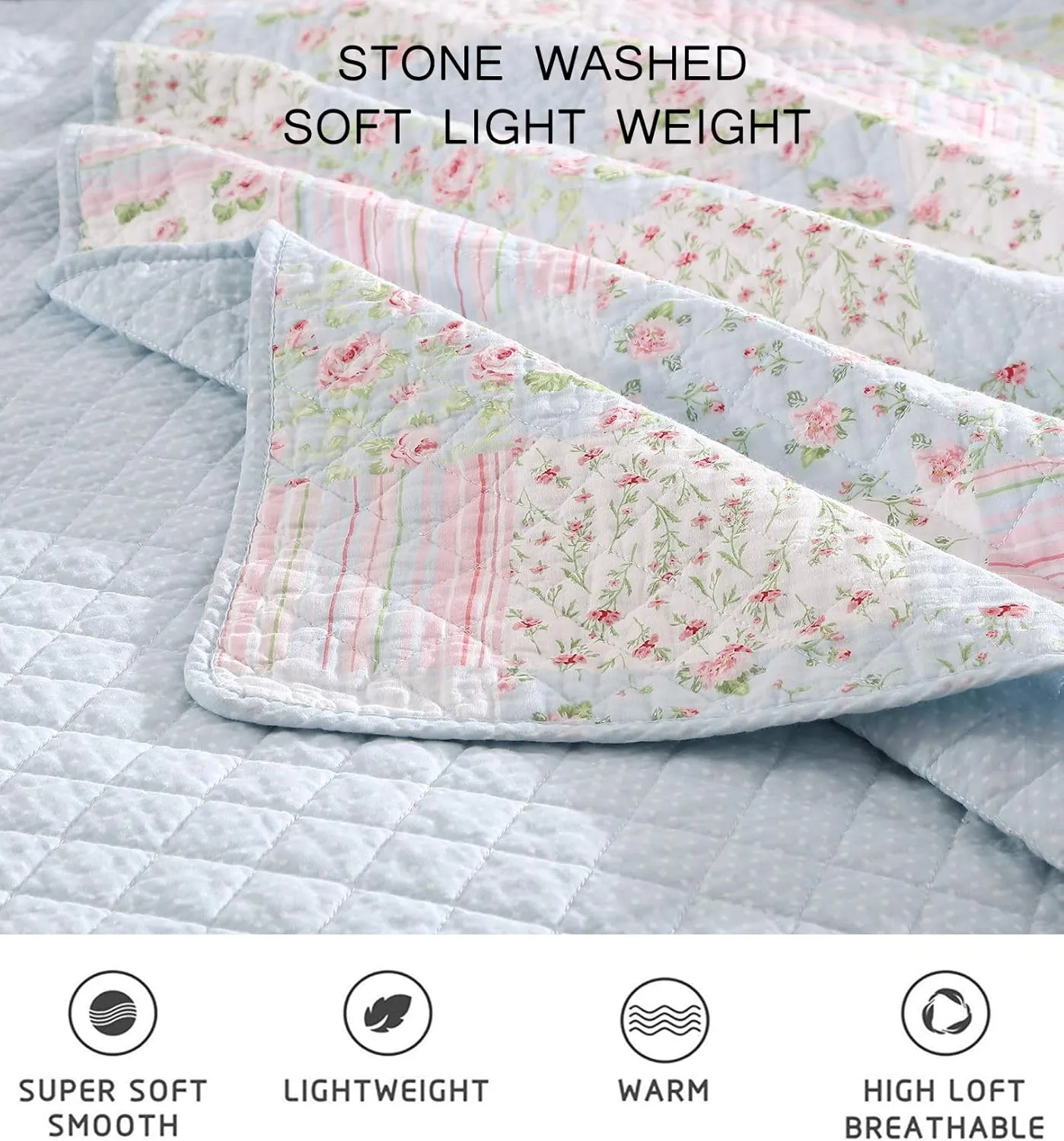 Chezmoi Collection Holly 3-Piece Printed Patchwork Cotton Quilt Set - Flower Floral Candy Stripe Polka Dots - Stone Washed Lightweight Bedspread, Queen Size