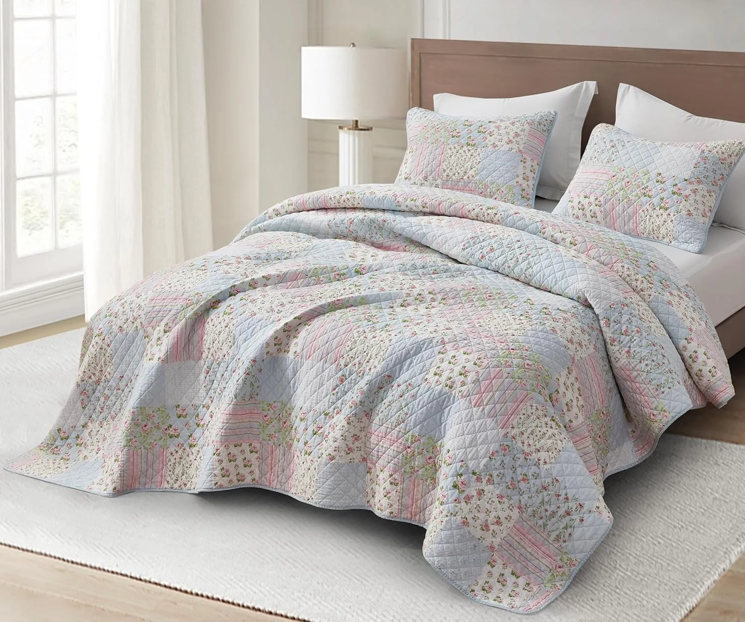 Chezmoi Collection Holly 3-Piece Printed Patchwork Cotton Quilt Set - Flower Floral Candy Stripe Polka Dots - Stone Washed Lightweight Bedspread, Queen Size