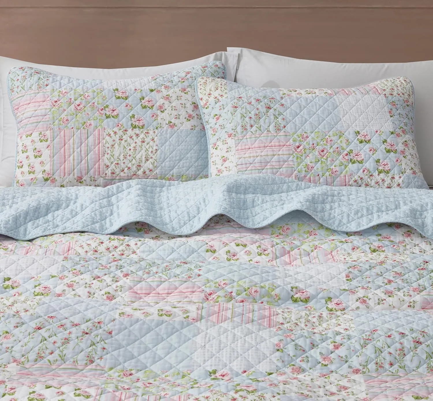 Chezmoi Collection Holly 3-Piece Printed Patchwork Cotton Quilt Set - Flower Floral Candy Stripe Polka Dots - Stone Washed Lightweight Bedspread, Queen Size