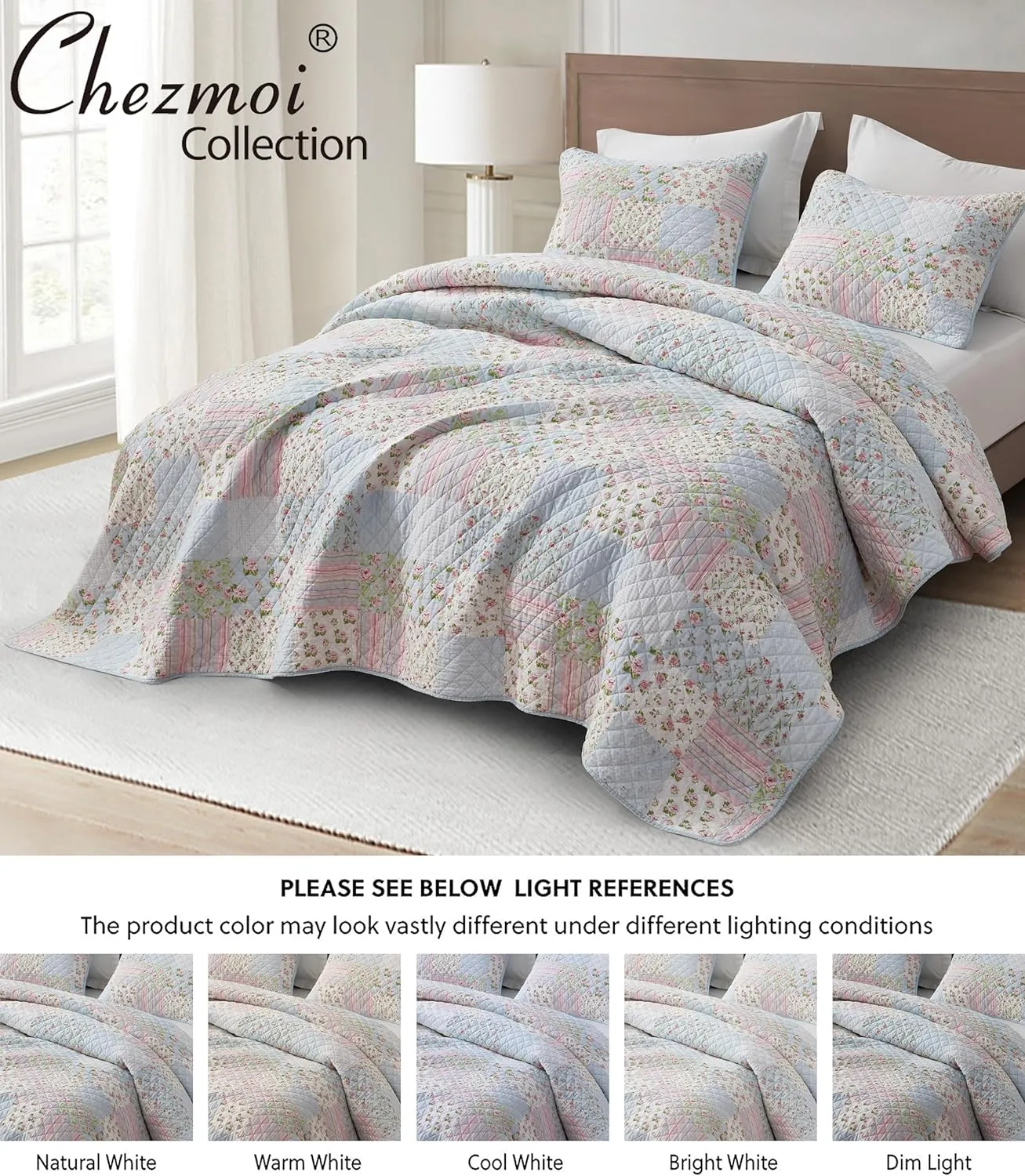 Chezmoi Collection Holly 3-Piece Printed Patchwork Cotton Quilt Set - Flower Floral Candy Stripe Polka Dots - Stone Washed Lightweight Bedspread, Queen Size