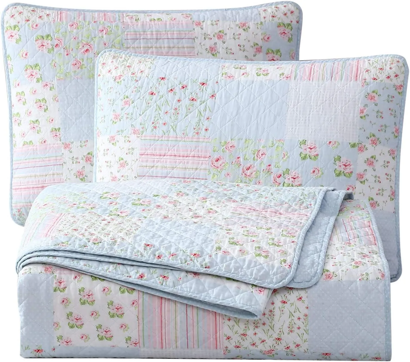 Chezmoi Collection Holly 3-Piece Printed Patchwork Cotton Quilt Set - Flower Floral Candy Stripe Polka Dots - Stone Washed Lightweight Bedspread, Queen Size