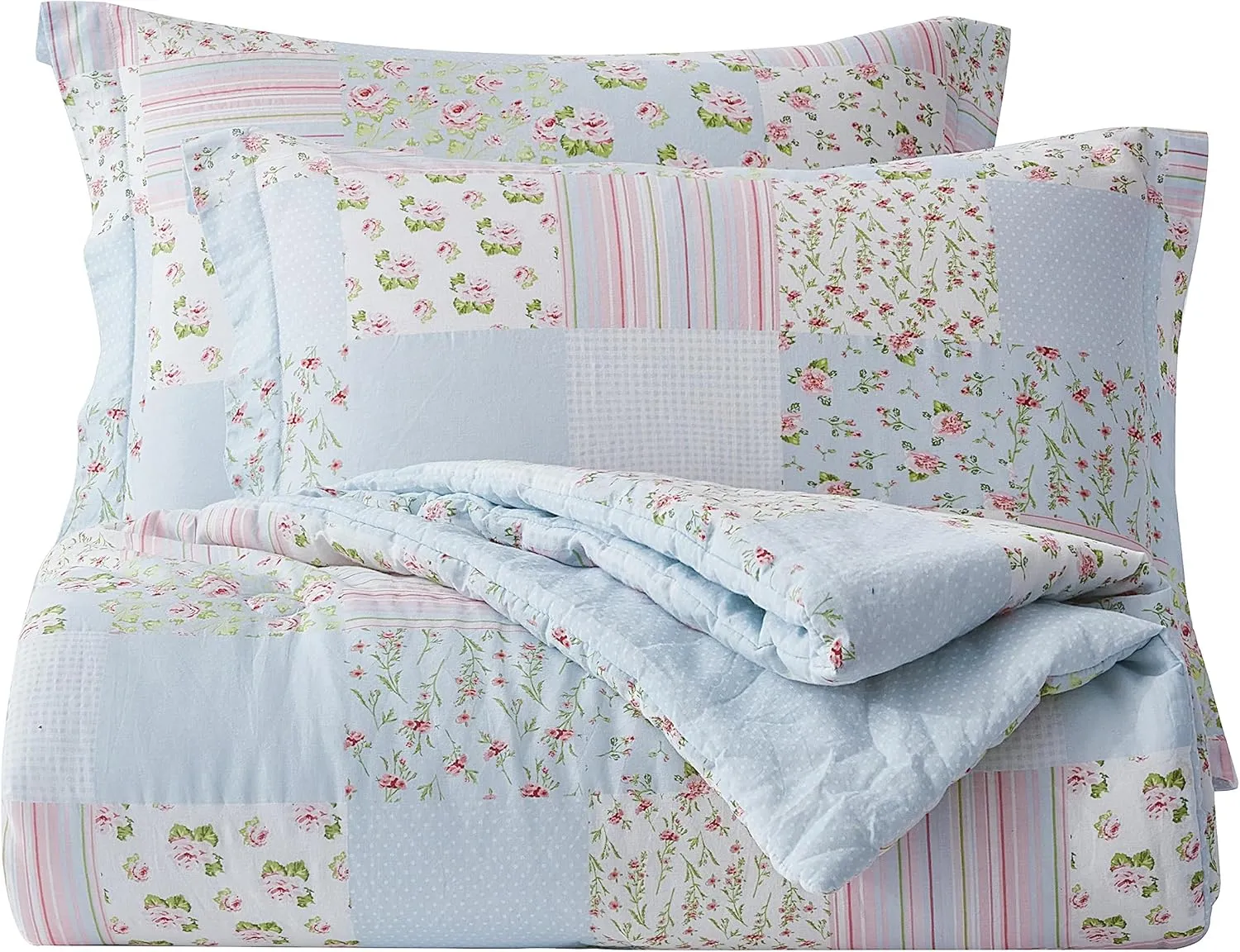 Chezmoi Collection Holly 3-Piece Washed Cotton Comforter Set Queen Size - Floral Bedding Set Blue White Pink Green Polka Dot Printed Patchwork Reversible Lightweight Comforter for All Season