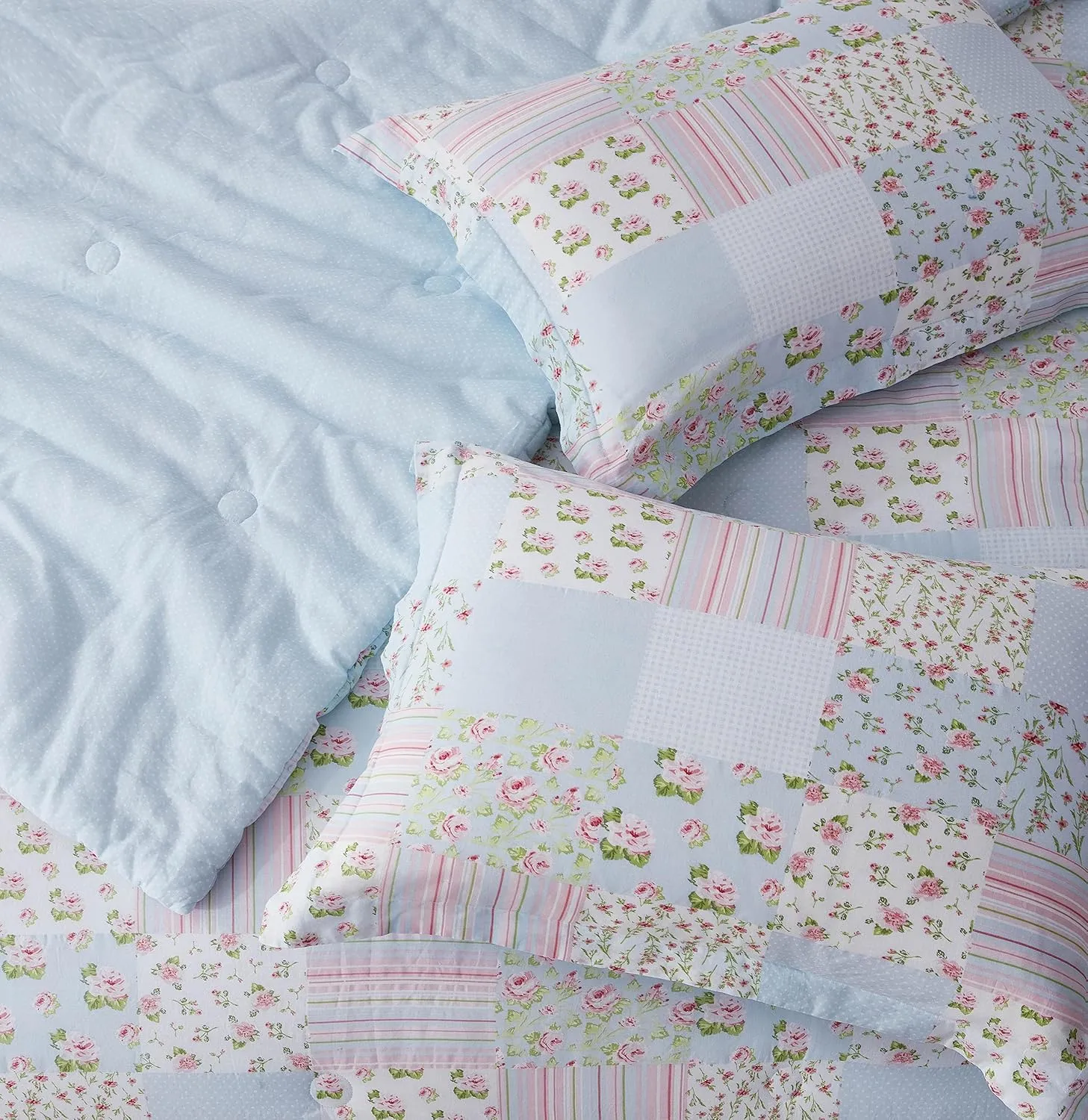 Chezmoi Collection Holly 3-Piece Washed Cotton Comforter Set Queen Size - Floral Bedding Set Blue White Pink Green Polka Dot Printed Patchwork Reversible Lightweight Comforter for All Season